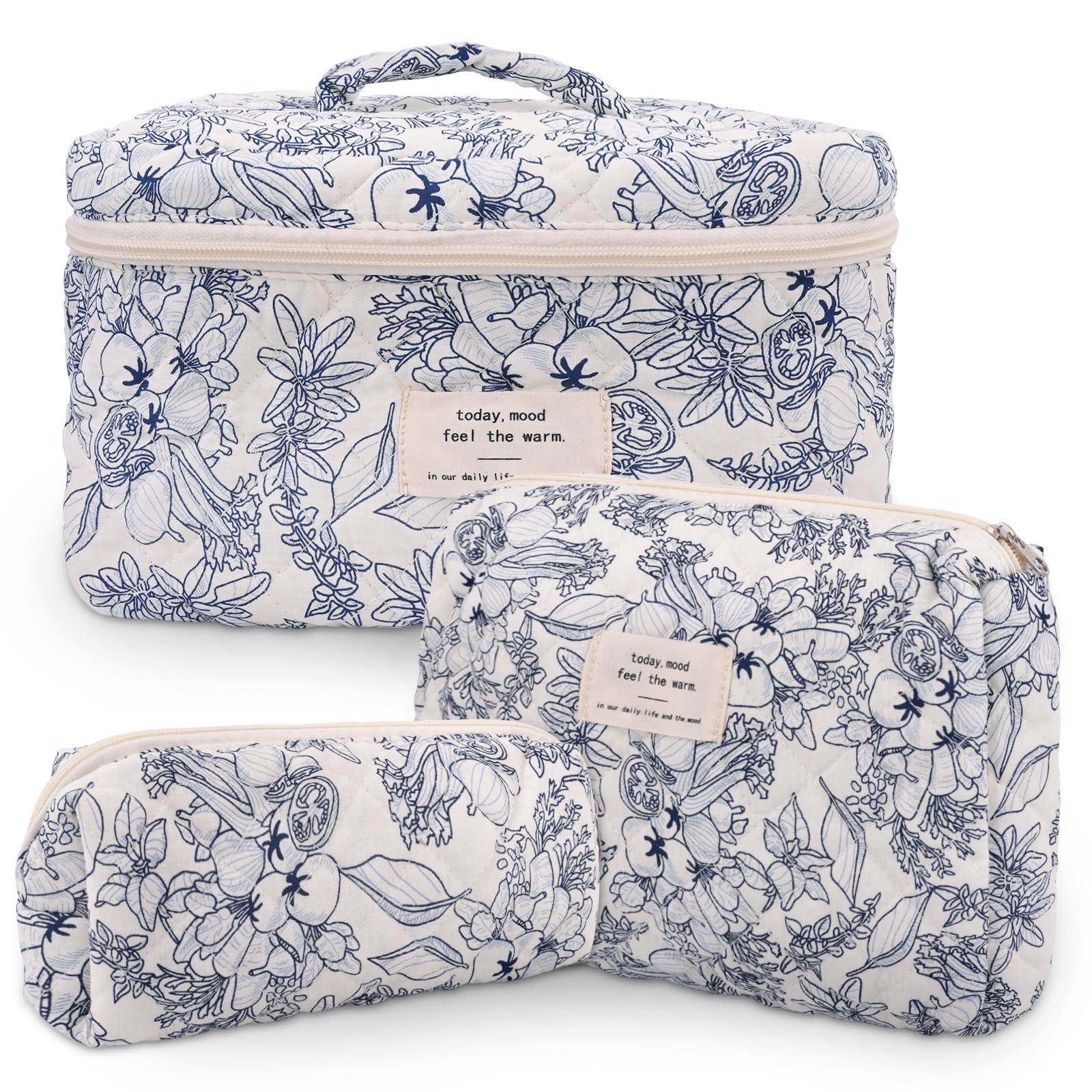 GISMTR 3Pcs Cotton Quilted Makeup Bag Large Travel Cosmetic Bag Coquette Makeup Pouch Cute Aesthetic Floral Toiletry Bag for Women Girls (flower-D)