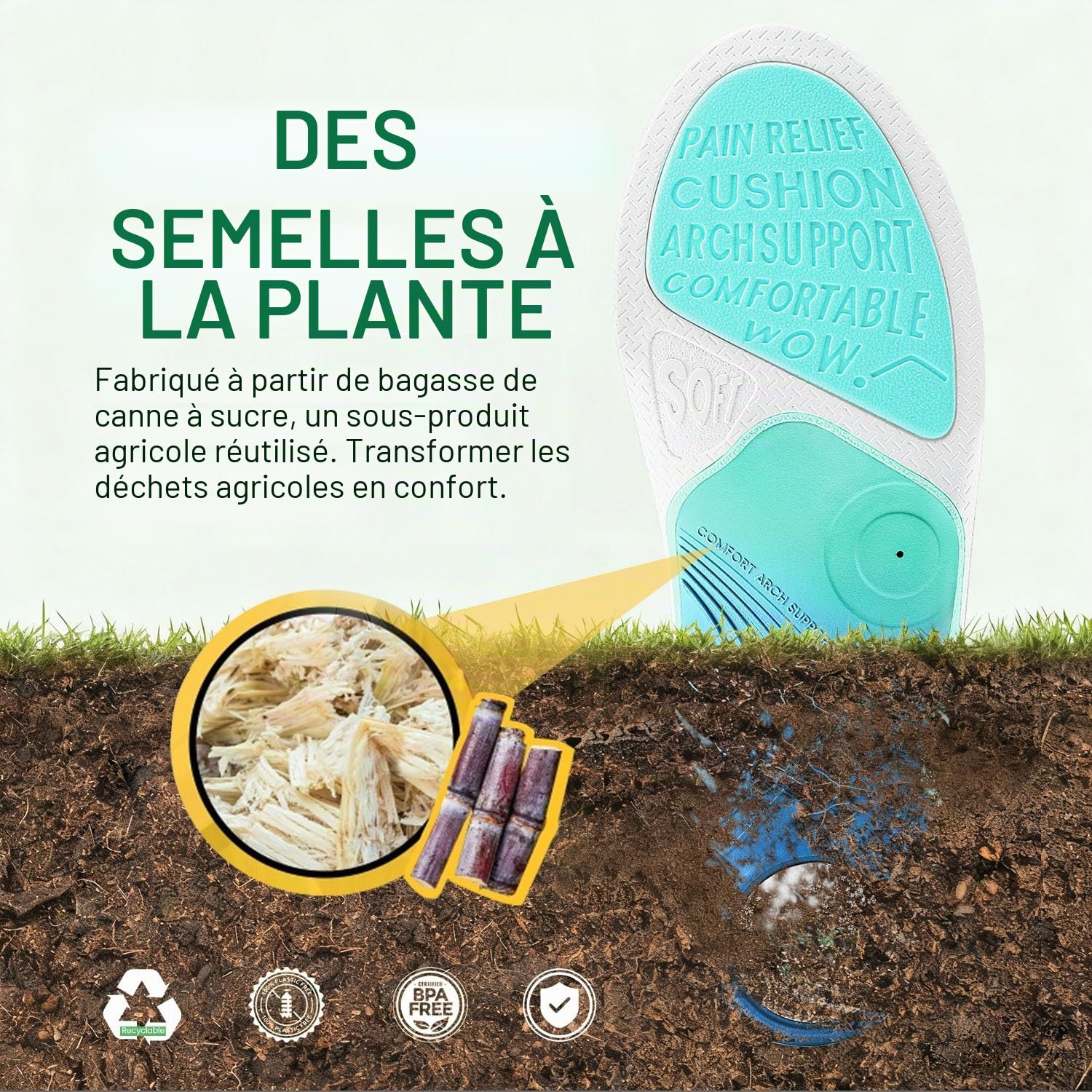 PCSsole Semelles Orthopédiques Version Améliorée avec Coussinet en Bagasse - Soutien pour Fasciite Plantaire, Pied Plat et Talalgie - Confort Toute la Journée