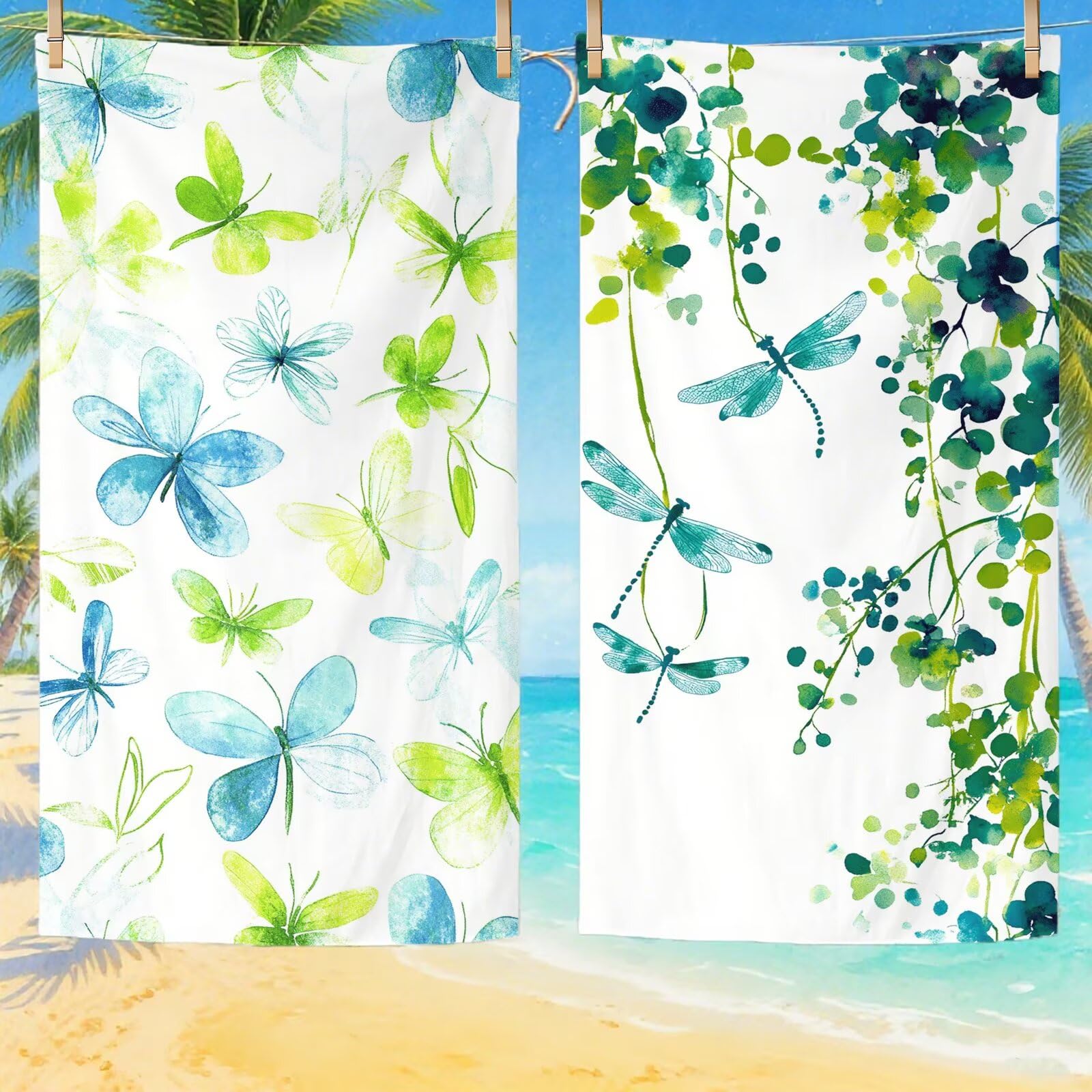Strandtuch Grün Mikrofaser Strandtuch XXL 220x100 2 Set, Strandhandtuch mit Sandfrei, Schnelltrocknend, Absorbierend, handtücher groß für Badezimmer, Strand, Schwimmen, Geschenke für Männer Q-440