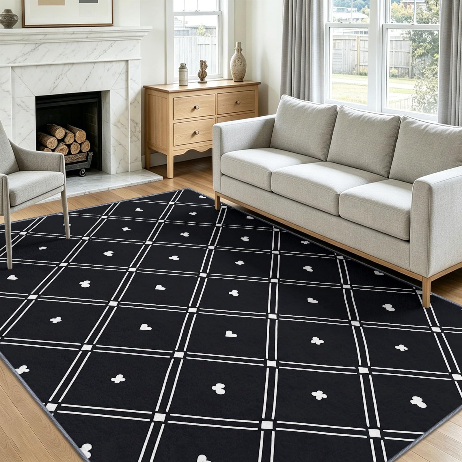 Alfombra de salón geométrica 60x90 cm moderna de pelo corto lavable negra