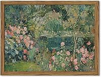 Framed Vintage Rose Garden Pond Canvas Wall Art 8x10 Inch - Rustic Cottagecore Floral Landscape Print for Bedroom Living Room Decor