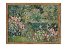 Framed Vintage Floral Landscape Canvas Wall Art&comma; Rose Garden Pond Wall Decor Paintings&comma; Rustic Cottagecore Nature Plant Pictures Prints Aesthetic Home Decor for Living Room Bedroom Bathroom 12x16 inch