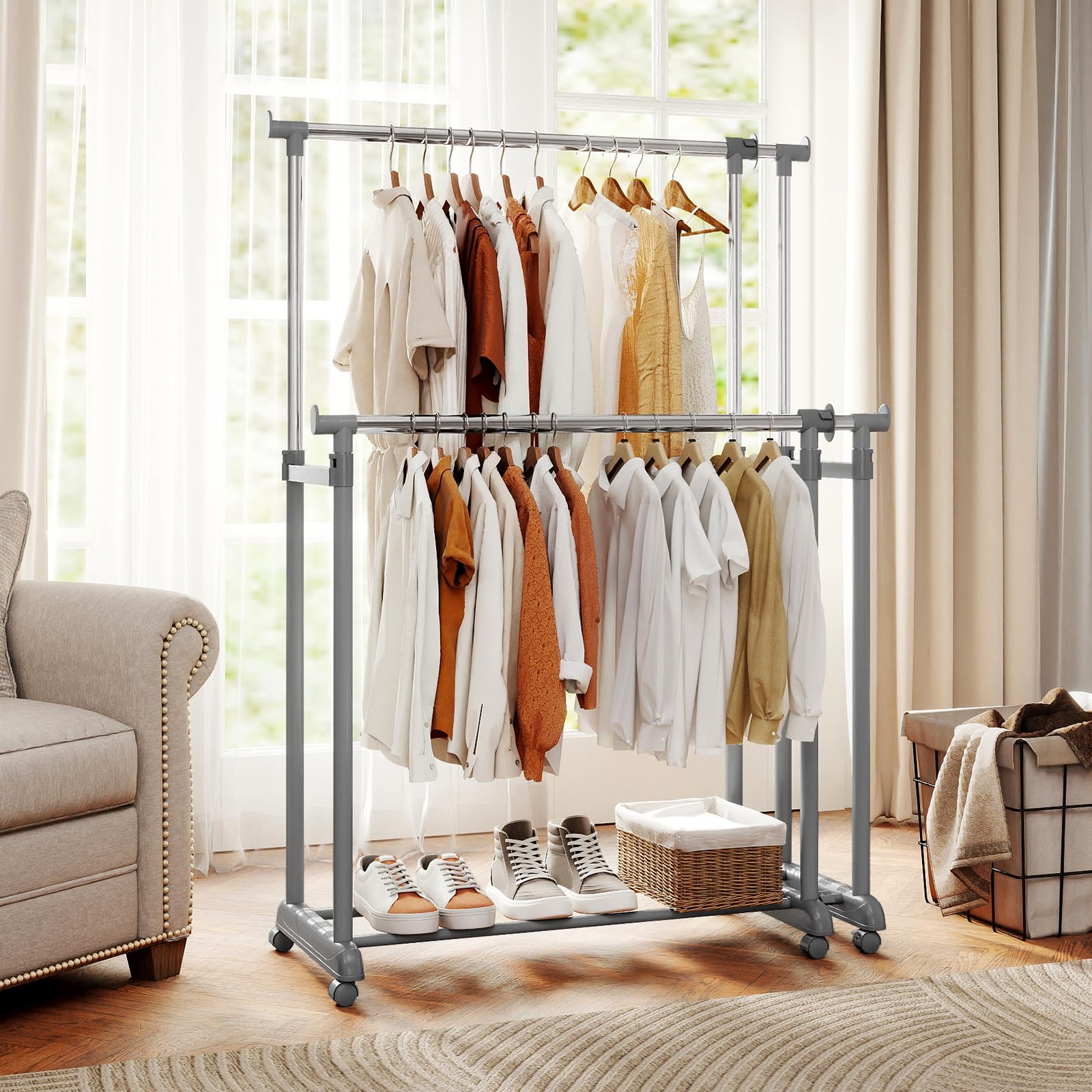 COSTWAY Burro Ropa con Ruedas, Perchero Burro de Doble Barra, Altura y Ancho Extensibles, Metálico, Perchero de Pie Lavandería Dormitorio Salon, 167.5 x 44 x 168,5 cm, Plata