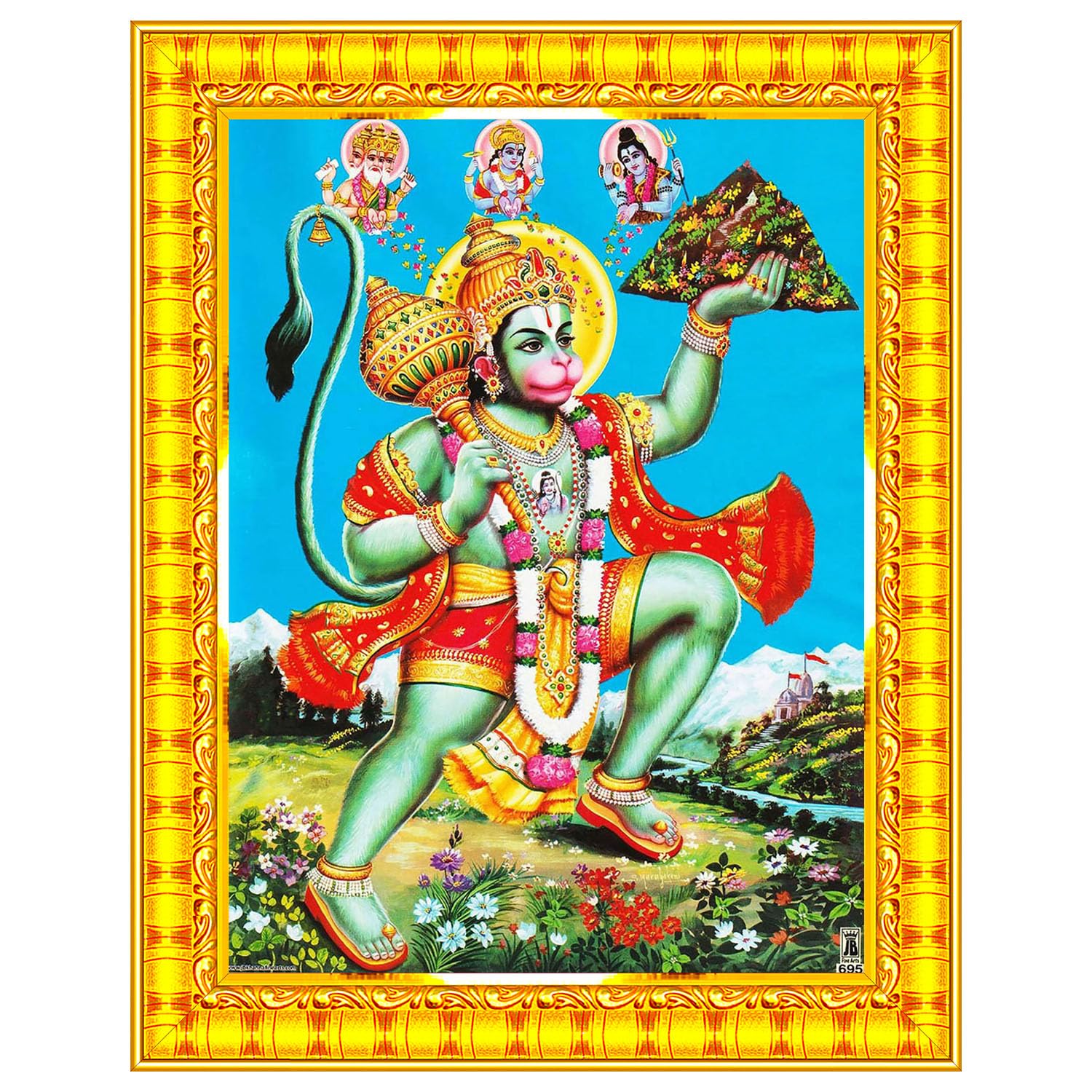 Pavan Photo Laminations Lord Hanuman Ji Hanumanji Jai Bajrangbali Wall Painting Framed Home Decor (Wood,Matte,Gold,Small Size,6 x 8 Inch) R769S