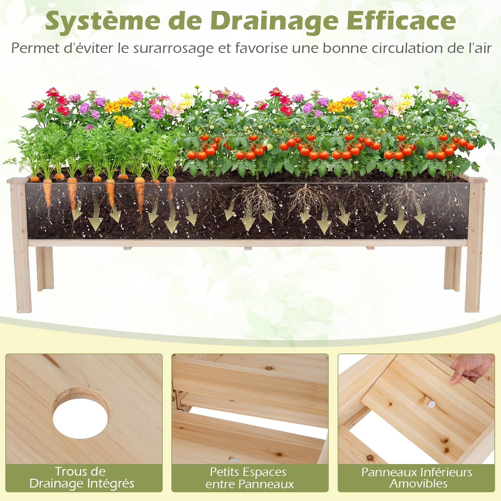 COSTWAY Jardinière avec 2 Zones de Culture, Bac à Fleur Surélevé en Bois de Sapin Plateaux Amovibles Séparation Trou de Drainage, pour Plante Légume Fleur, 240 x 43,5 x 51,5 CM, Naturel