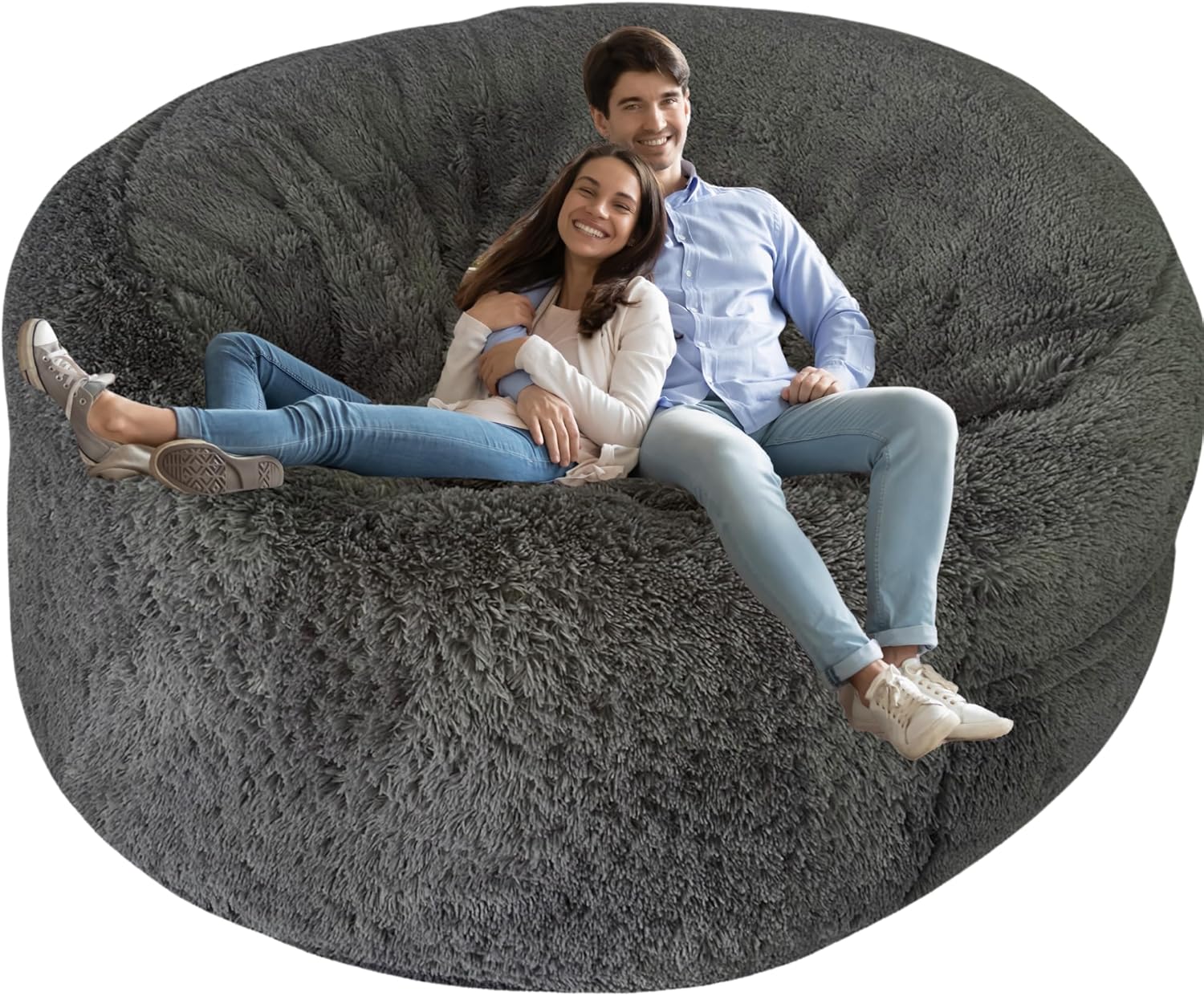 Fluffy Bean Bag Chair Cover for Adults Teens or Kids, xl Faux Fur Stuffed Animal Storage (Castlerock Grey, 6 ft (Cover Only))