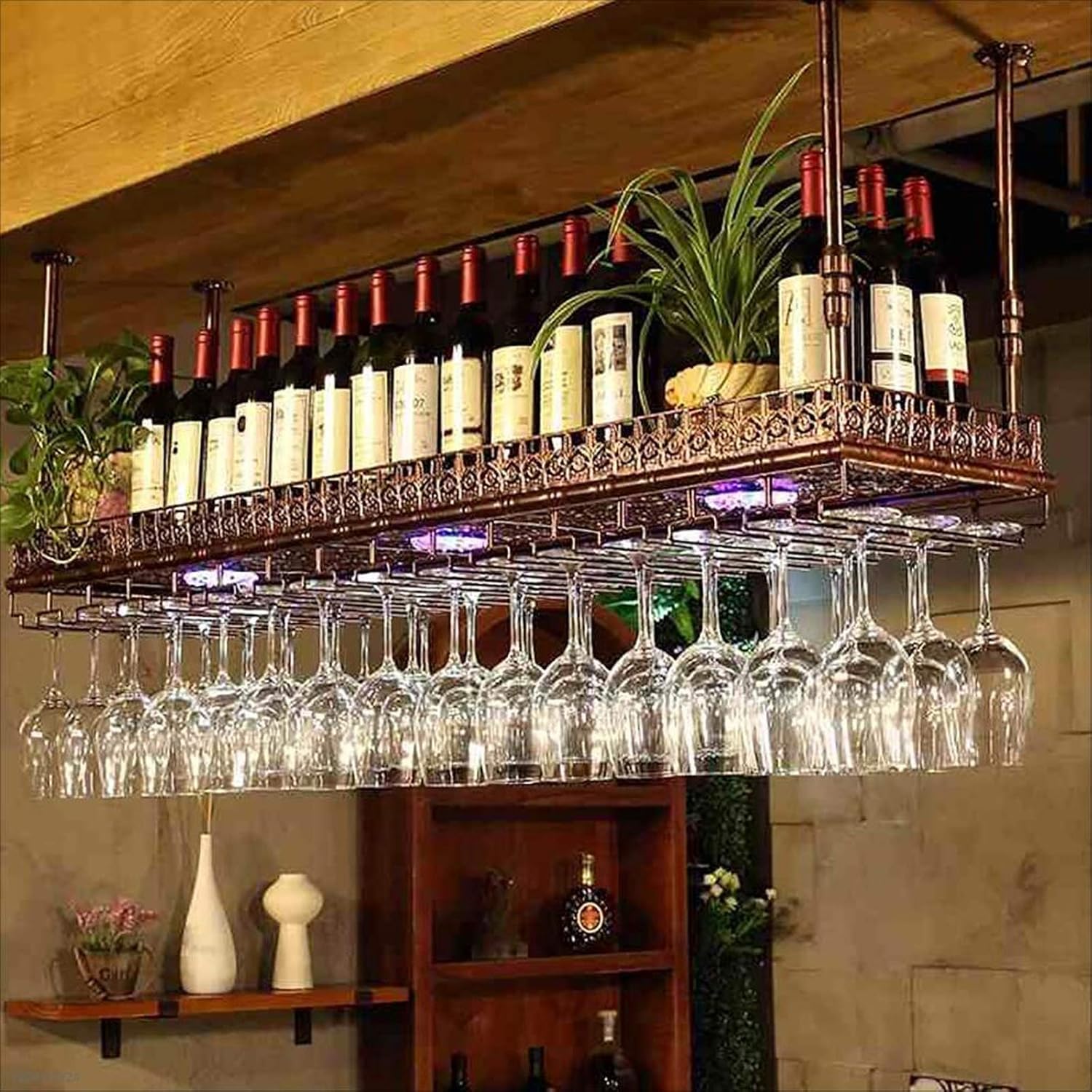 YHS Wine Rack - Industrial Retro Metal Wine Glass Hanging Rack Ceiling Decoration Floating Shelf with Adjustable Rods, for Bars Restaurants Kitchens (Bronze, 60x35cm), M-50