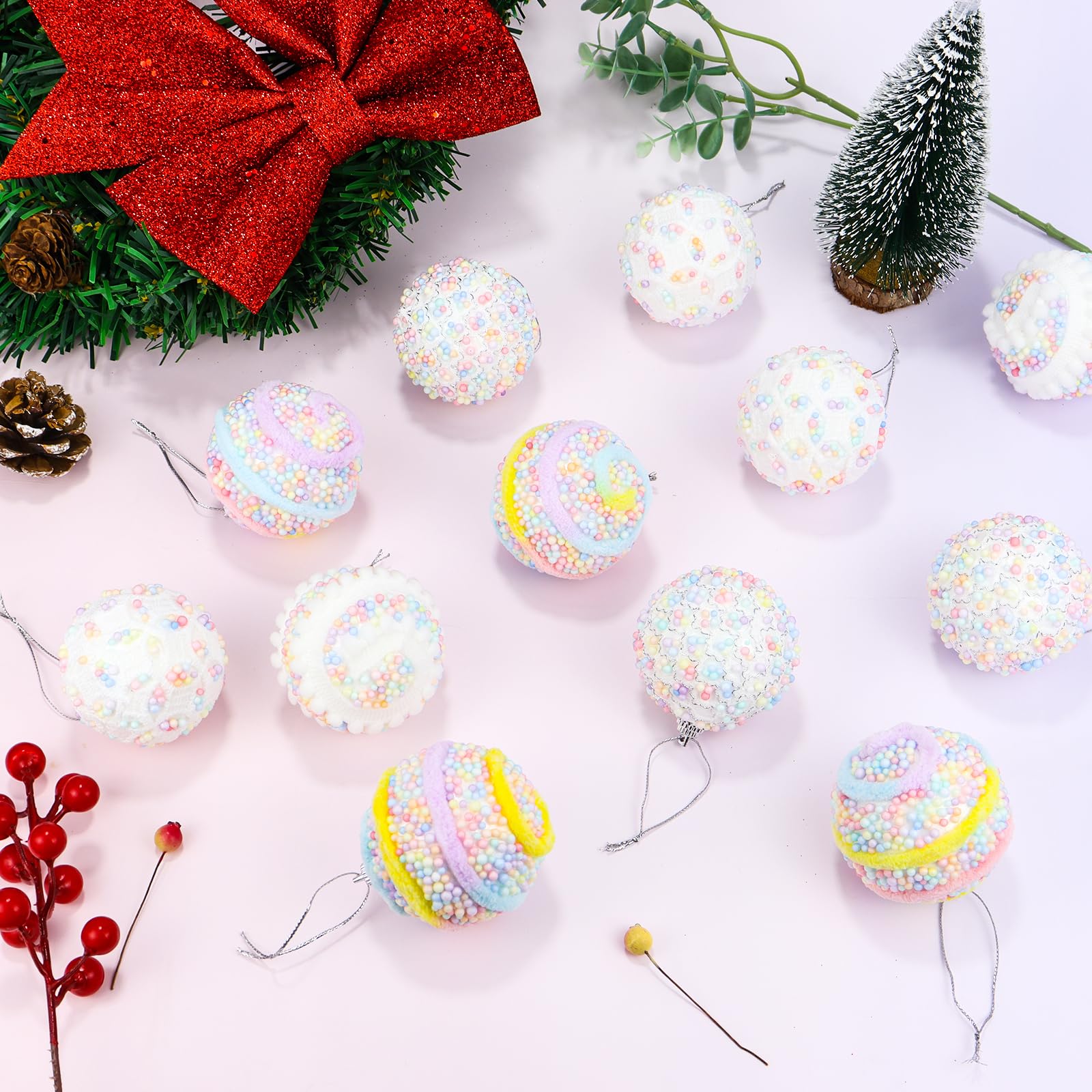 16 Palline Di Natale A Forma Di Macaron 6 Cm - Infrangibili, In Plastica E Velluto, Colorate Per Albero Decorazioni Feste