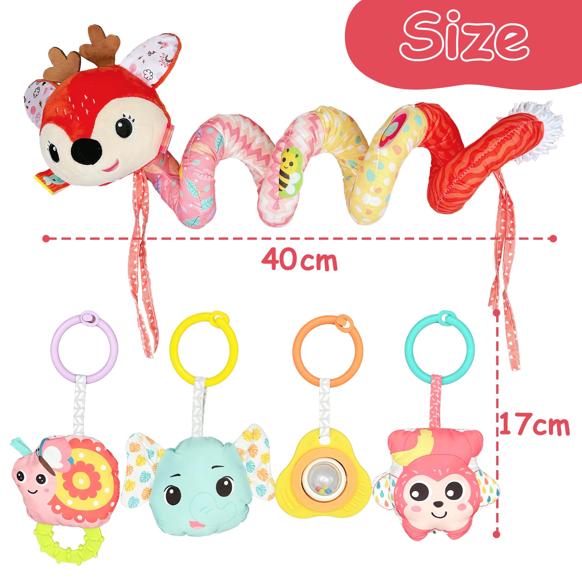 Spirale Passeggino Neonato Giochi 0-3 Mesi, Neonato Accessori Utili, Sonaglio Giochi Passeggino con Musicali, Regali per Neonati per Bambini da 6 a 12 Mesi, Peluche Cervo