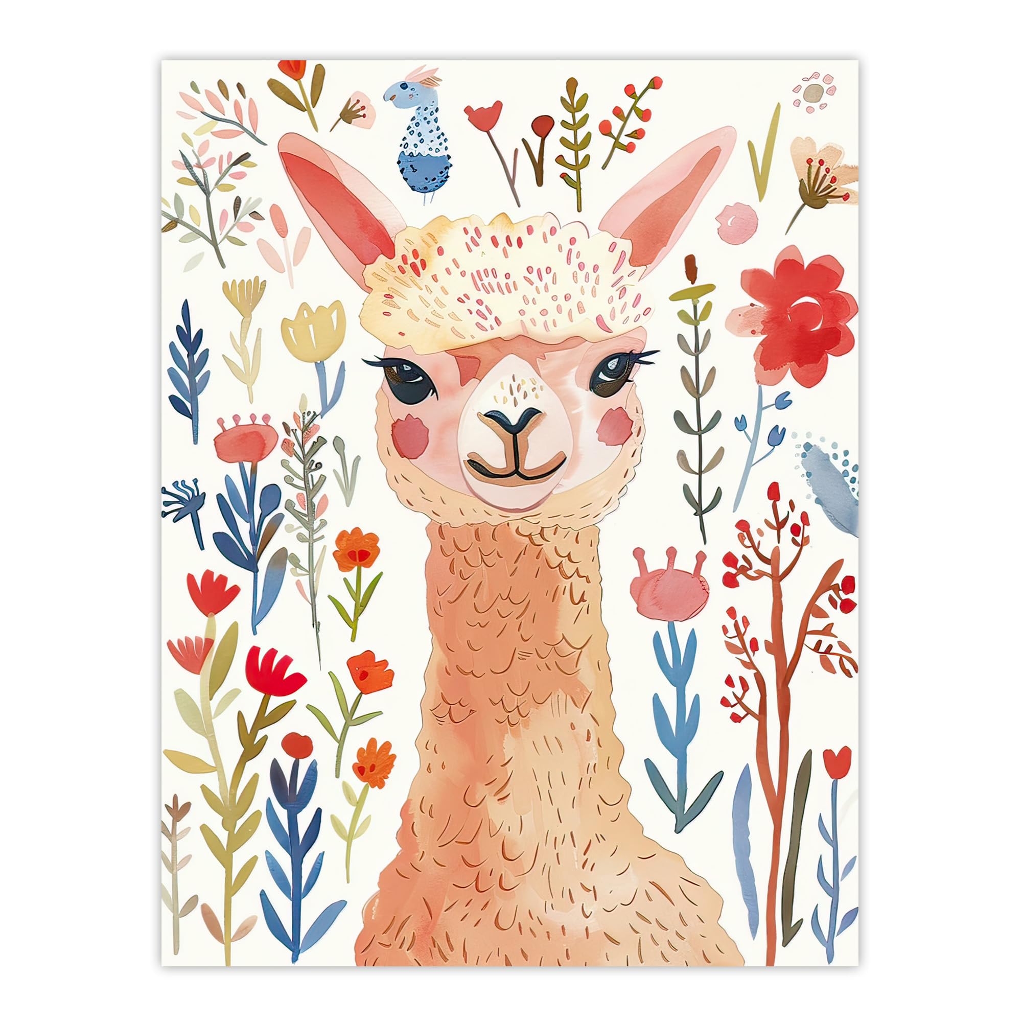 Artery8 Cute Happy Alpaca Bright Floral Watercolour Kids Bedroom Nursery Extra Large XL Wall Art Poster Print