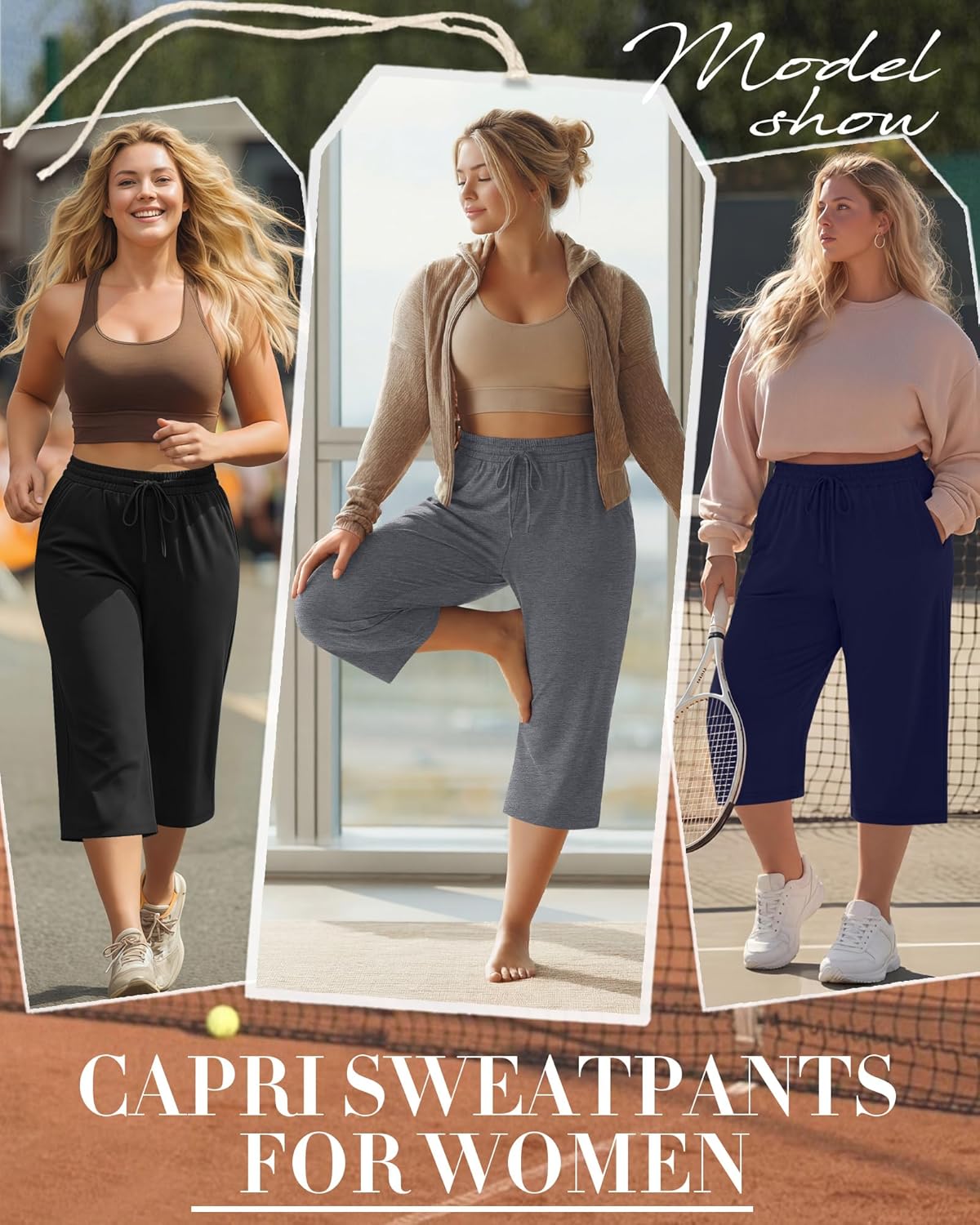 Neer 3 Pack Women's Plus Size Cotton Capris, Stretchy Wide Leg Cropped Pants with Pockets Loose Lounge Pajama Sweatpants - Image 2