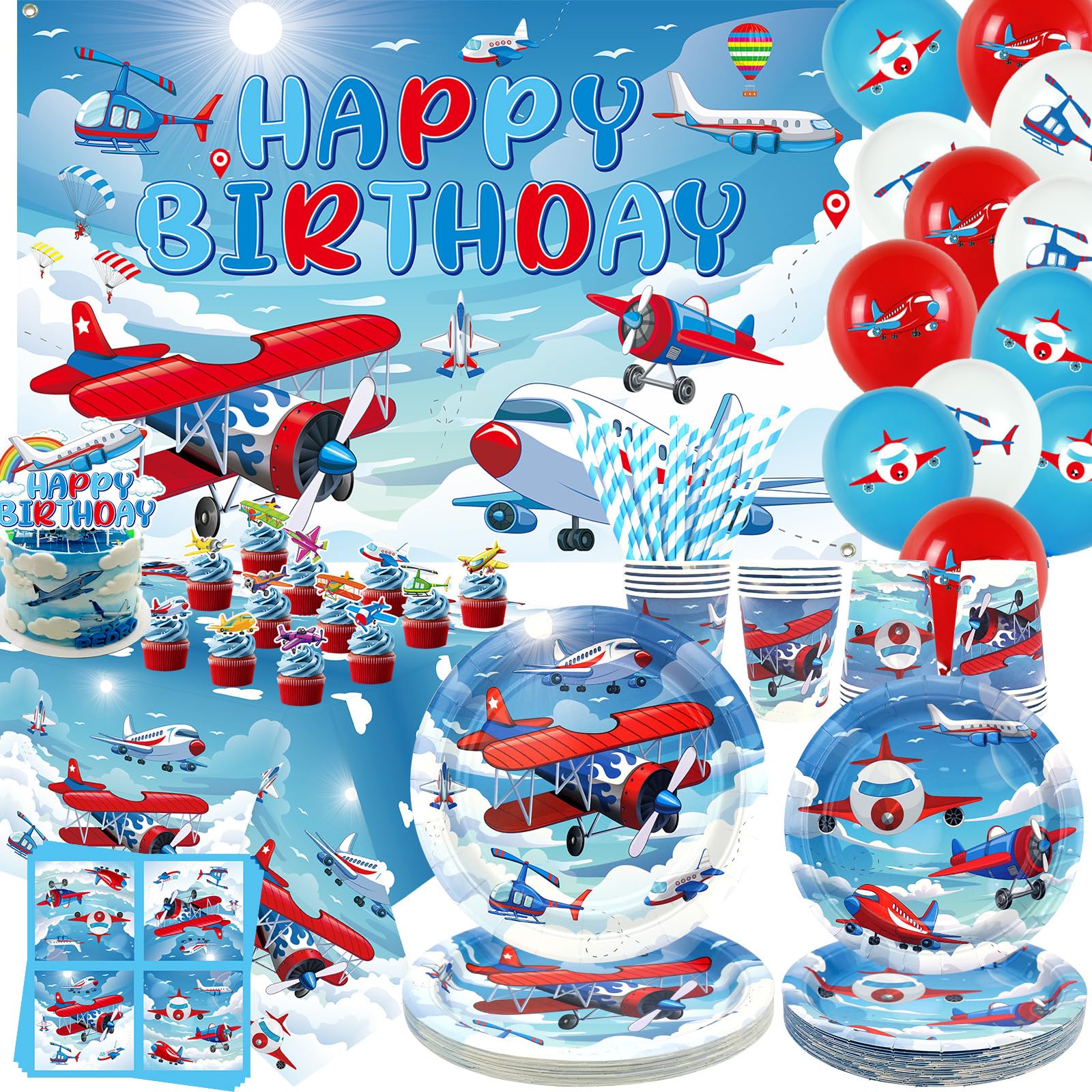 Aeroplano Compleanno Decorazioni per Partito Aeroplano Accessori Partito Piatto Tazze Tovaglioli Tovaglia Buon Compleanno Sfondo Palloncino Torta Toppers Per Aerei Tema Festa Rosa