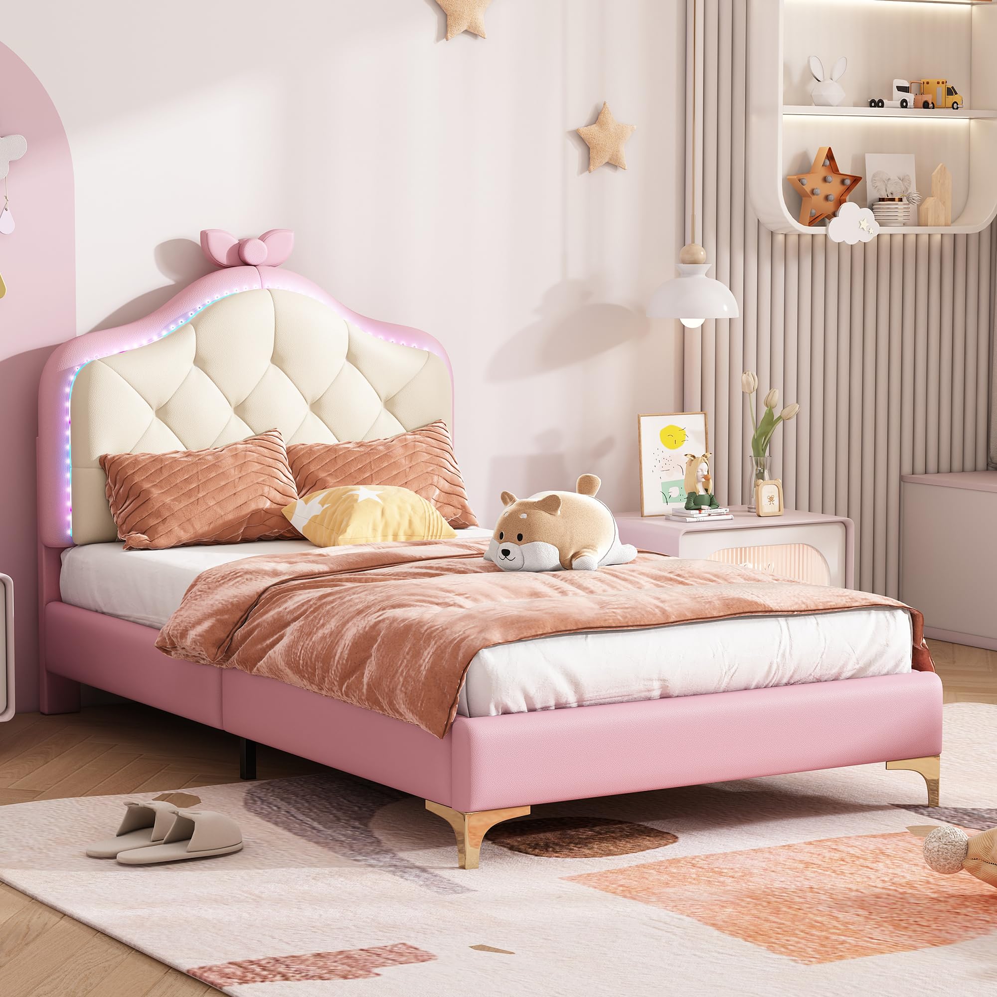 Cama tapizada mágica de princesa: rosa y blanco, 90 x 200 cm, cabecero con forma de nube con lazo y tiras LED, piel sintética, cama individual para niñas, ideal para habitación infantil con somier de