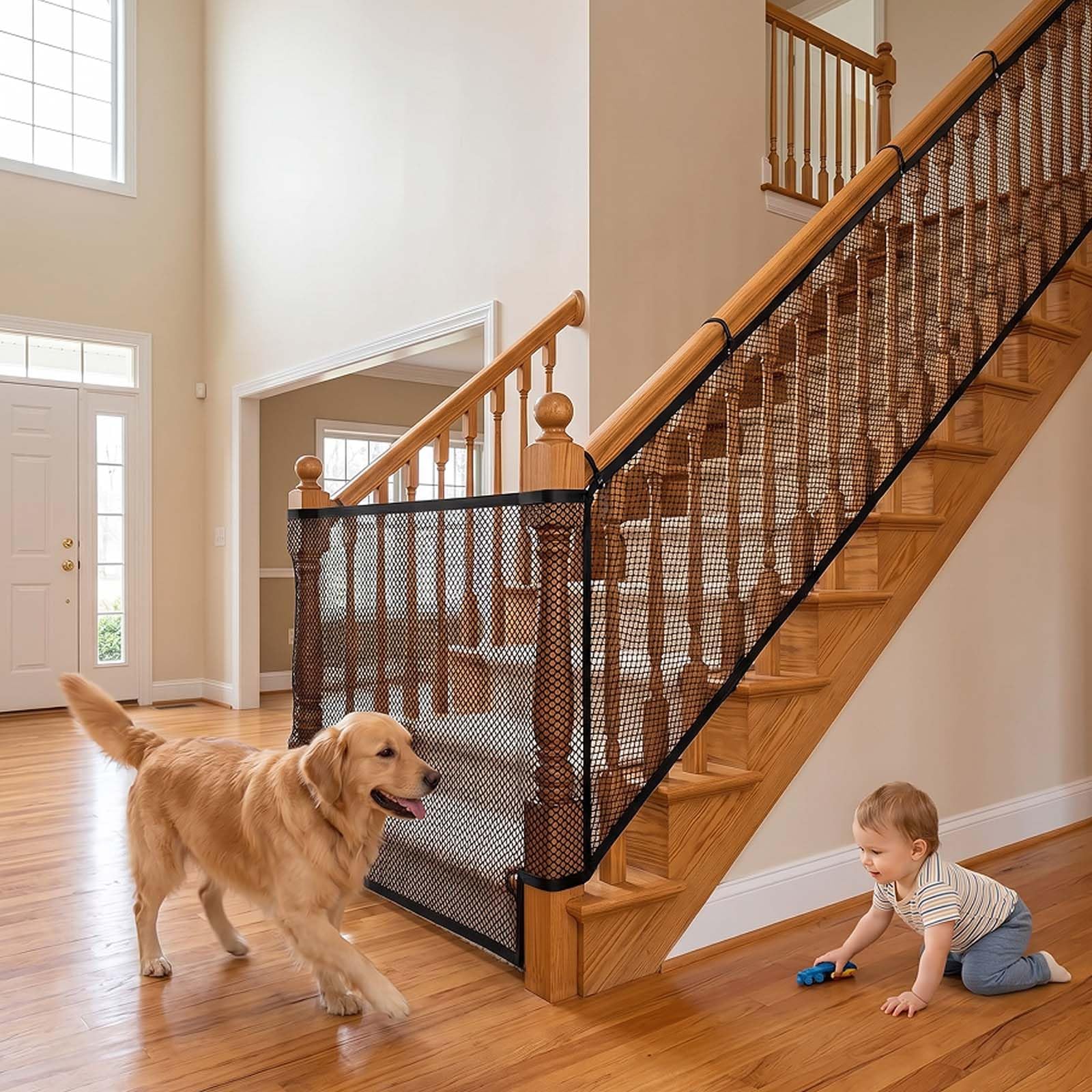 300 * 78 cm Filet Sécurité Escalier Enfant, Filet Protection Balcon Sécurité Garde Corps avec 15 Sangles 25 Cordes Nylon, Découpable pour Escalier Fenêtre Animaux Noir