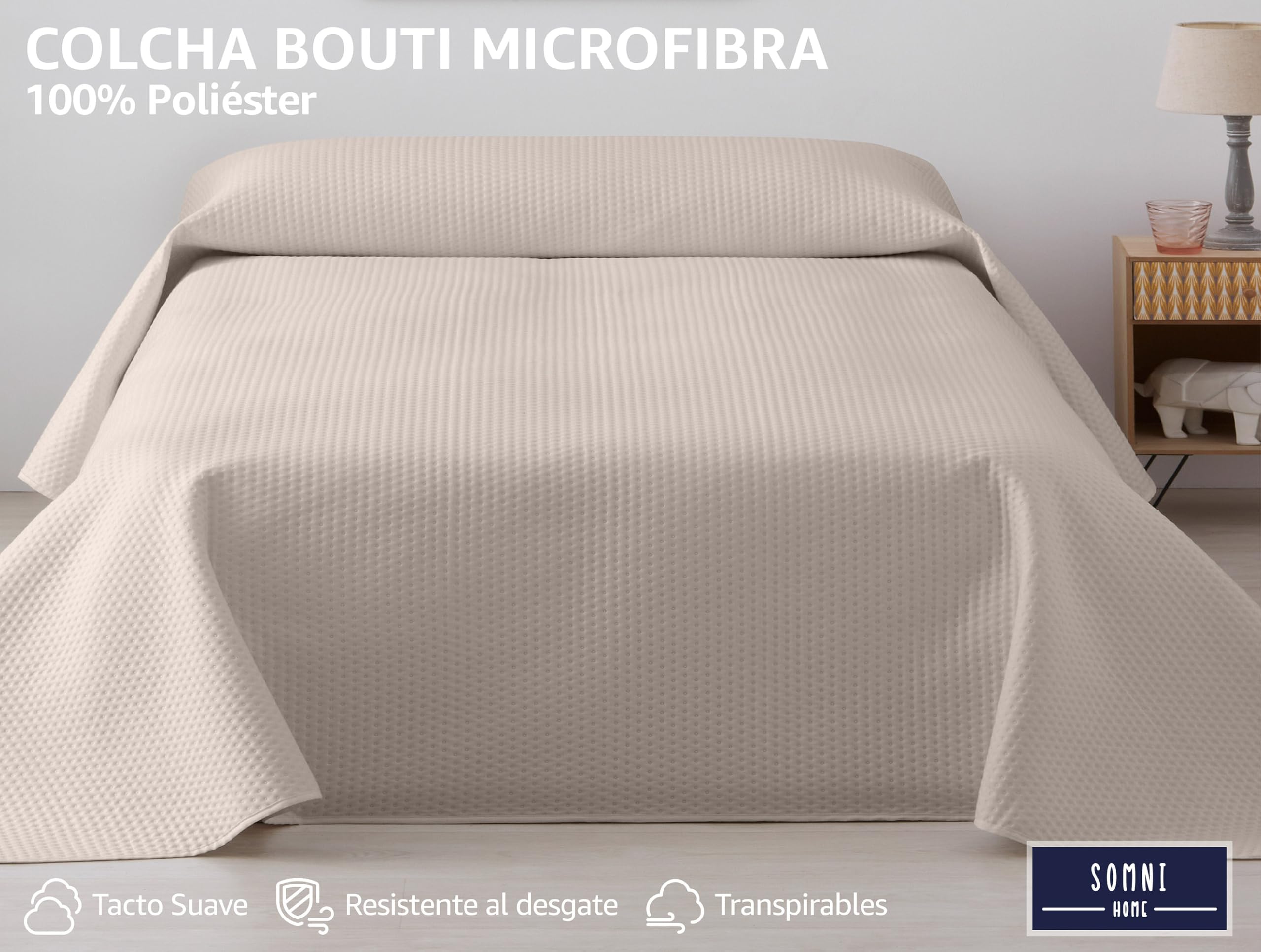 SOMNI HOME Colcha Bouti Reversible Acolchada para Cama 135/150 cm – Colcha Ligera Primavera Verano – Colcha Decorativa Moderna – Color Arena