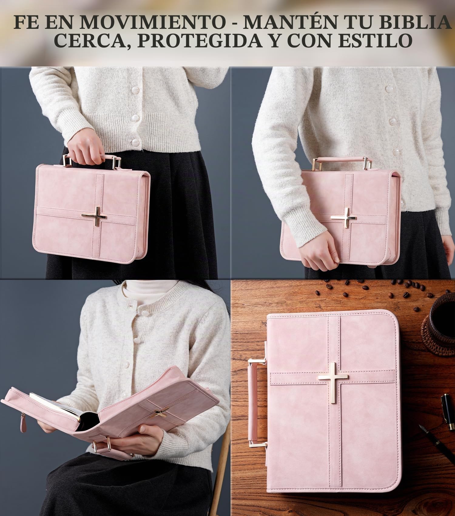Funda de cuero vegano para la Biblia, bolsa de la Biblia con bolsillo para teléfono, funda de la Biblia para hombres y mujeres, caja de regalo cristiana (rosa)