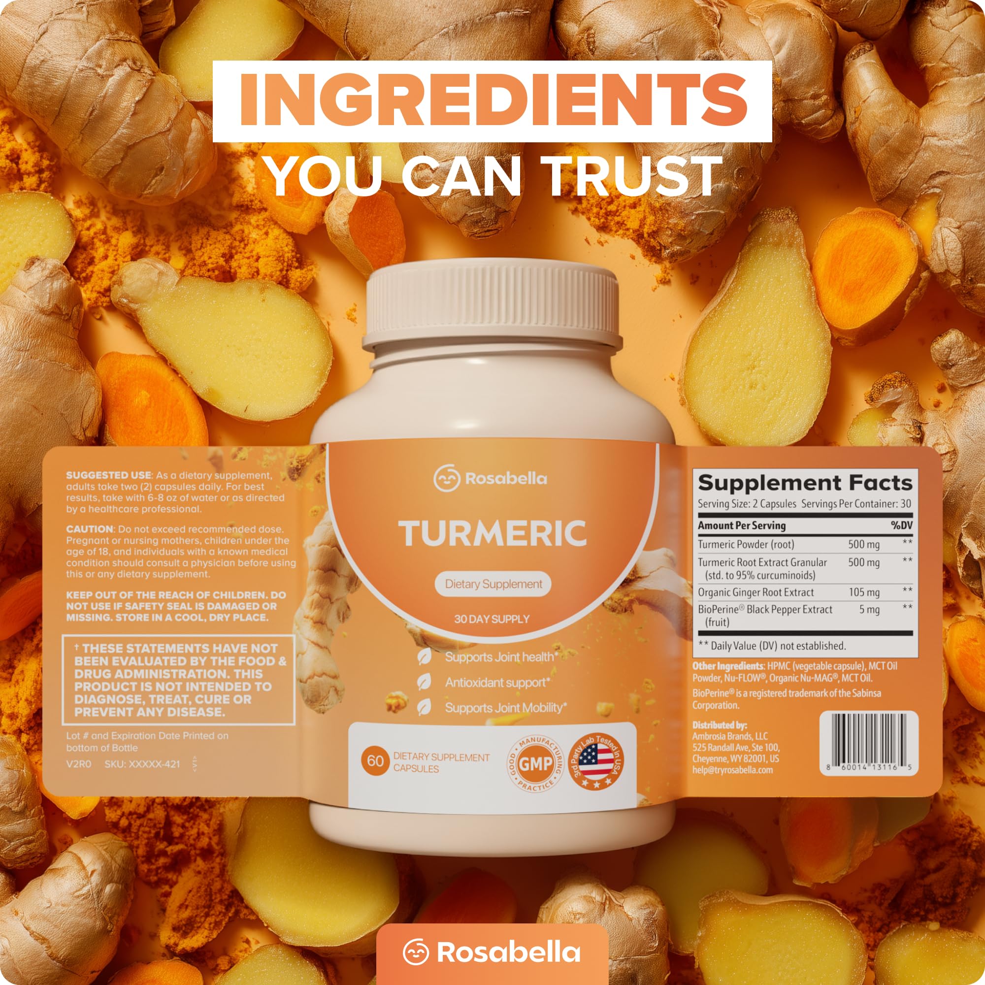 Rosabella Turmeric Curcumin Supplement – Organic Turmeric Supplement with BioPerine & Ginger, Turmeric Capsules for Joint Comfort, Mobility & Antioxidant Wellness – 60 Count (Pack of 1) — Amazon image 8