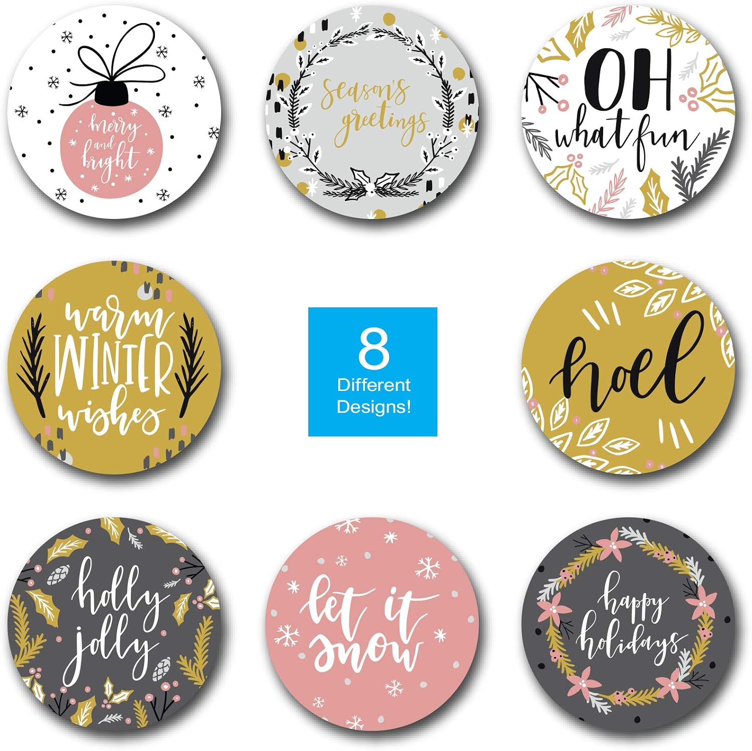 Grey Mustard Pink Christmas Stickers / 500 Modern Holiday Labels / 1.5" Winter Envelope Seals / 8 Alternating Festive Designs/Made in The USA image 4