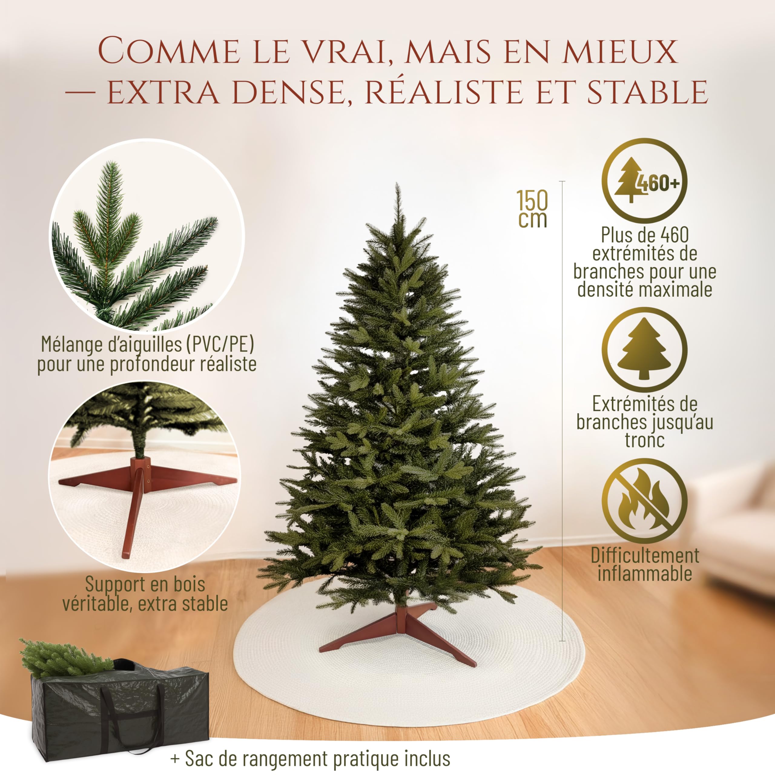 Sapin de Noël Artificiel Premium 150 cm - Gagnant du Test - Réalisme Exceptionnel, Branches épaisses, livré avec Support en Bois et Sac de Rangement – Pure Living