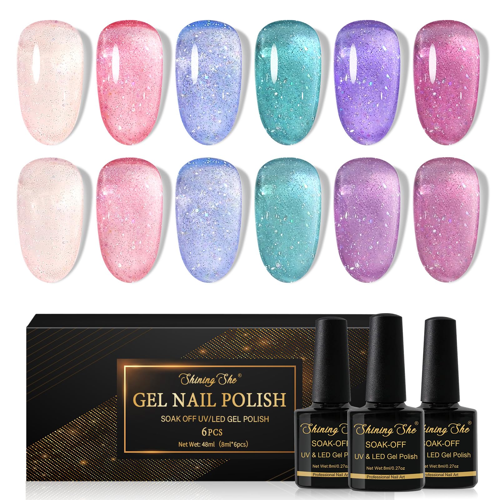 Shining She Esmaltes Semipermanentes de Uñas en Gel UV LED,6 Colores Cristal Jelly Purpurina Rosa Morado Azul Verde Pintauñas Semipermanentes para Novato Manicura Francesa Art DIY,8ML
