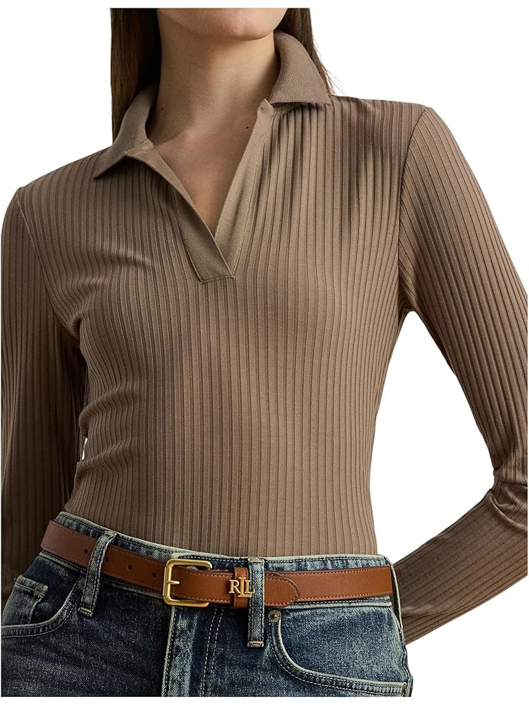 Taupe Lauren Ralph Lauren Rib-Knit Long-Sleeve Polo Top