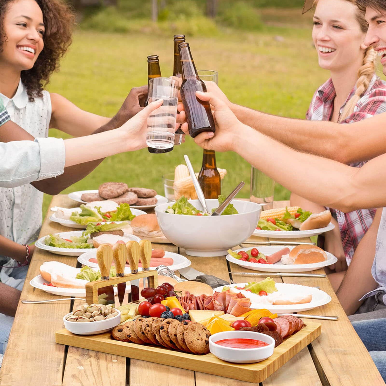 Juego de tablas para charcutería, tabla de queso, tabla de queso grande de bambú y juego de cuchillos, tabla de cortar, bandeja de queso para Navidad, boda, regalos de inauguración de la casa