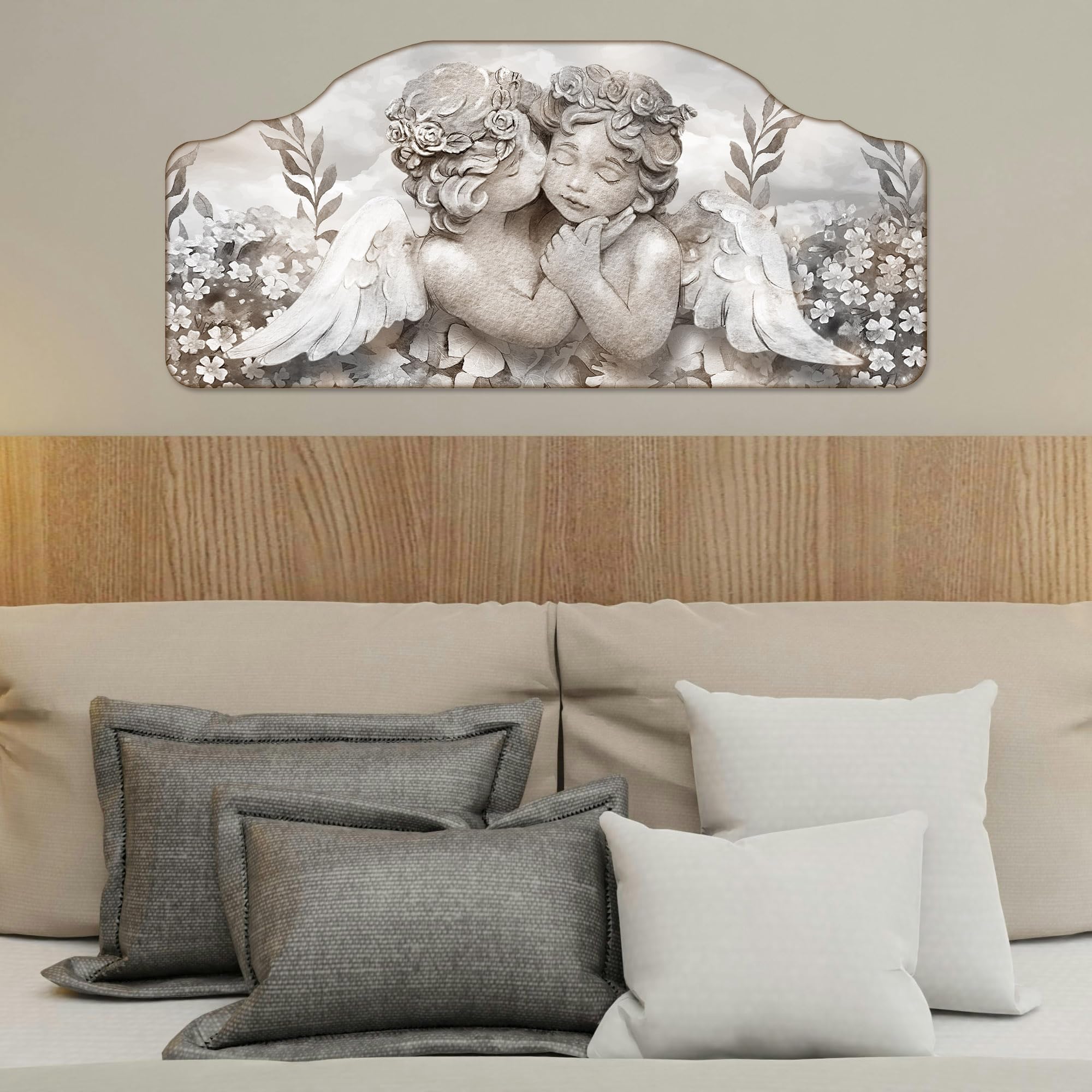 Lupia - Quadro camera da letto CAPEZZALE moderno 50x100 cm ANGELS IN FLOWERS MIX, Angeli, Stampa su legno Amorini, Artigianale, Made in Italy, soggiorno