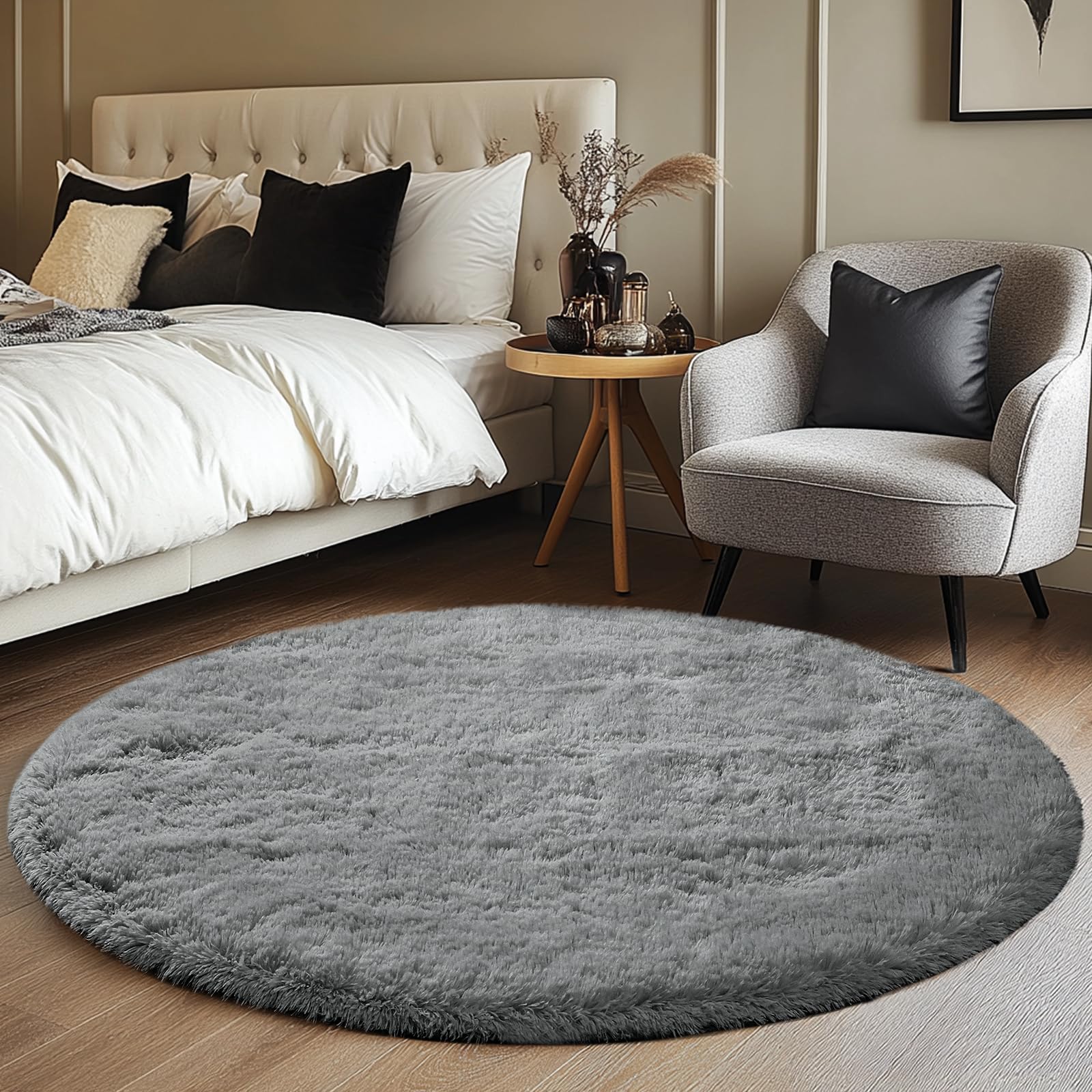 CAIYUECS Tappeto rotondo grigio per camera da letto: 1,2 x 1,2 m, morbido e soffice, tappeto per camera da letto, tappeto ovale peloso per camera dei bambini, cameretta dei bambini (1,2 m, grigio)