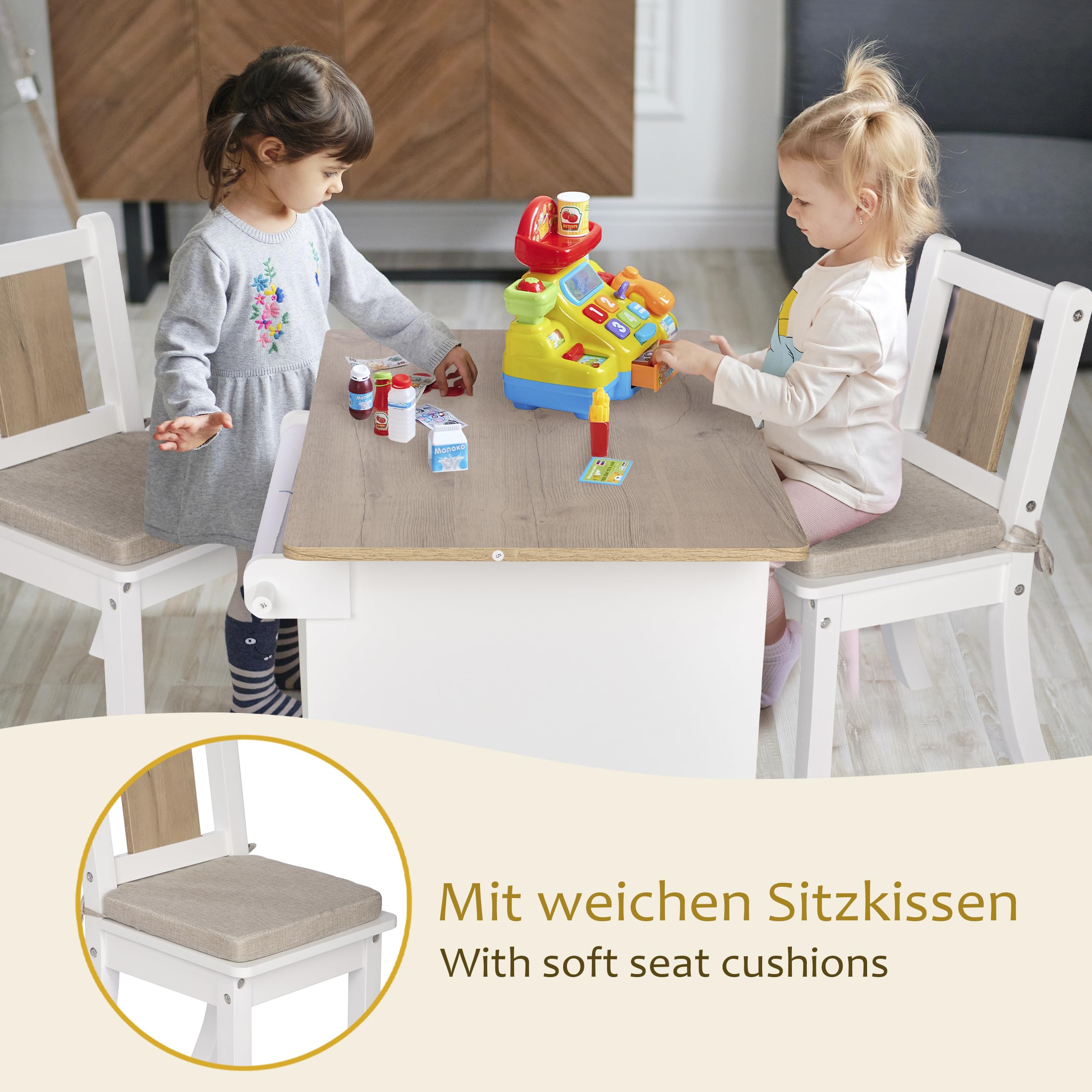 ONVAYA® Kindertisch-Set mit Stühlen | Weiß-Holz | Kindersitzgruppe mit Stauraum | Kindermöbel-Set mit Tisch und 2 Stühlen | Kindertischgruppe aus Holz | Sitzgruppe fürs Kinderzimmer