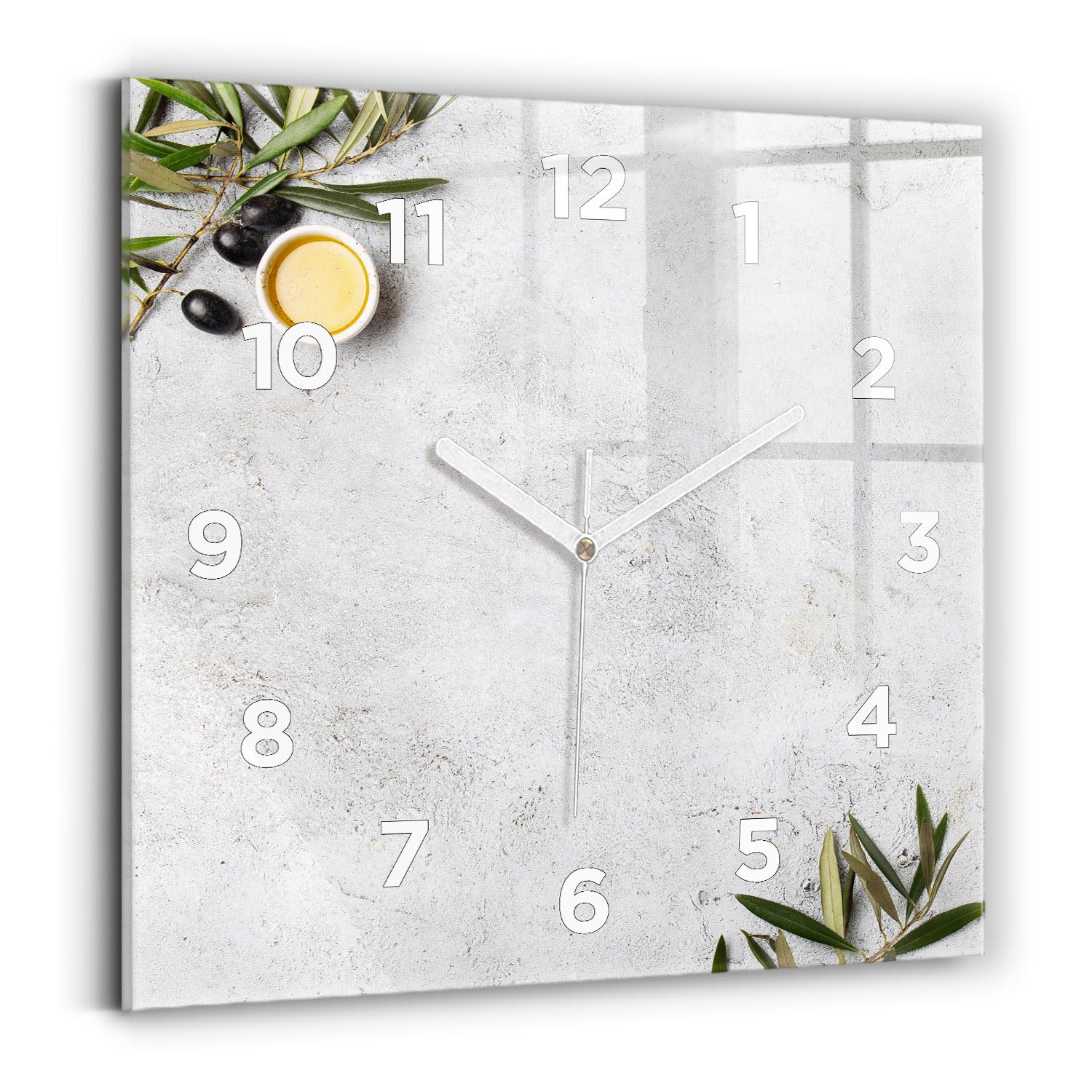 Horloge carrée 30x30 cm Wallfluent pour une cuisine zen au design d'olives minimalistes