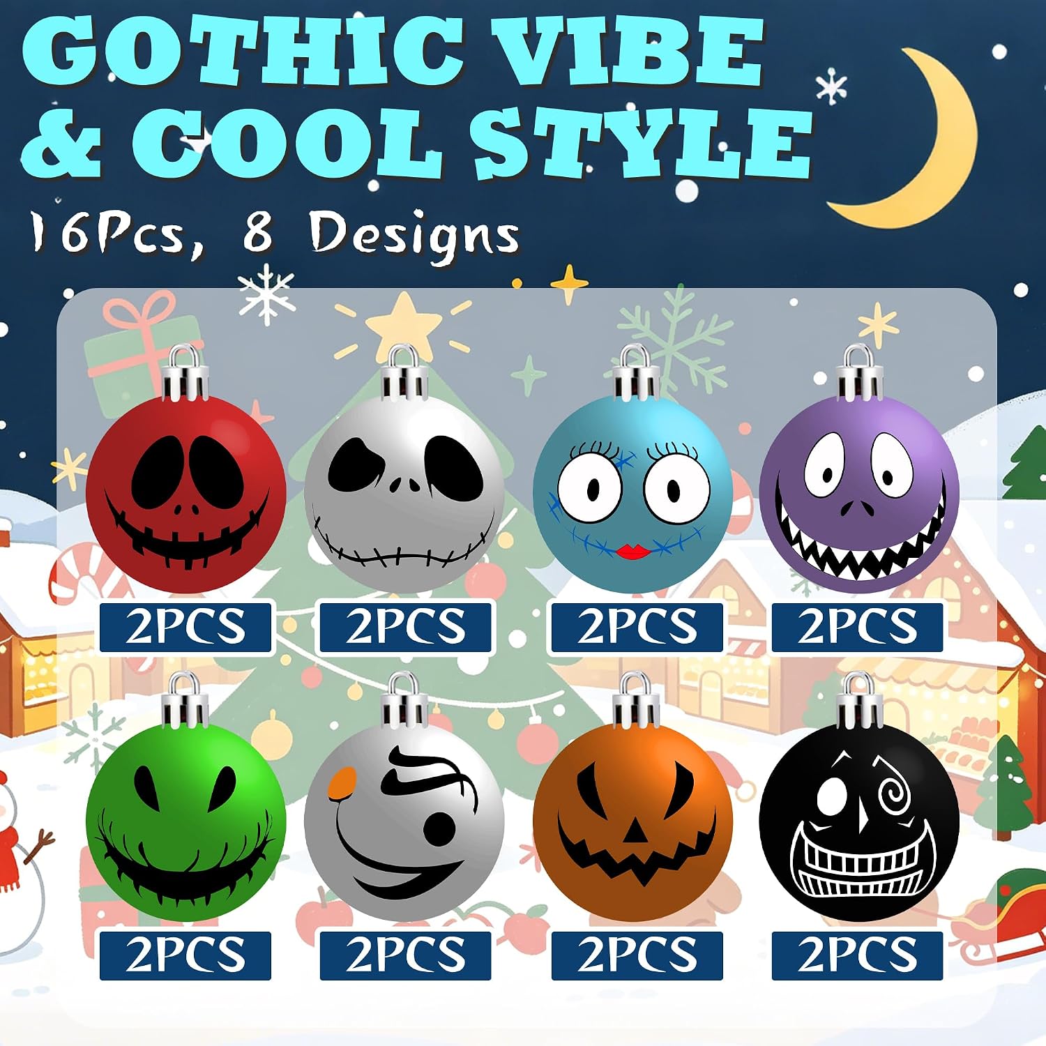Halloween Ornaments 16 Pack, Night Before Xmas Spooky Cute Halloween Tree Decorations Shatterproof Plastic Hanging Ball Ornaments Set with Jack and Sally, Indoor Outdoor Holiday Party Decor for Home
