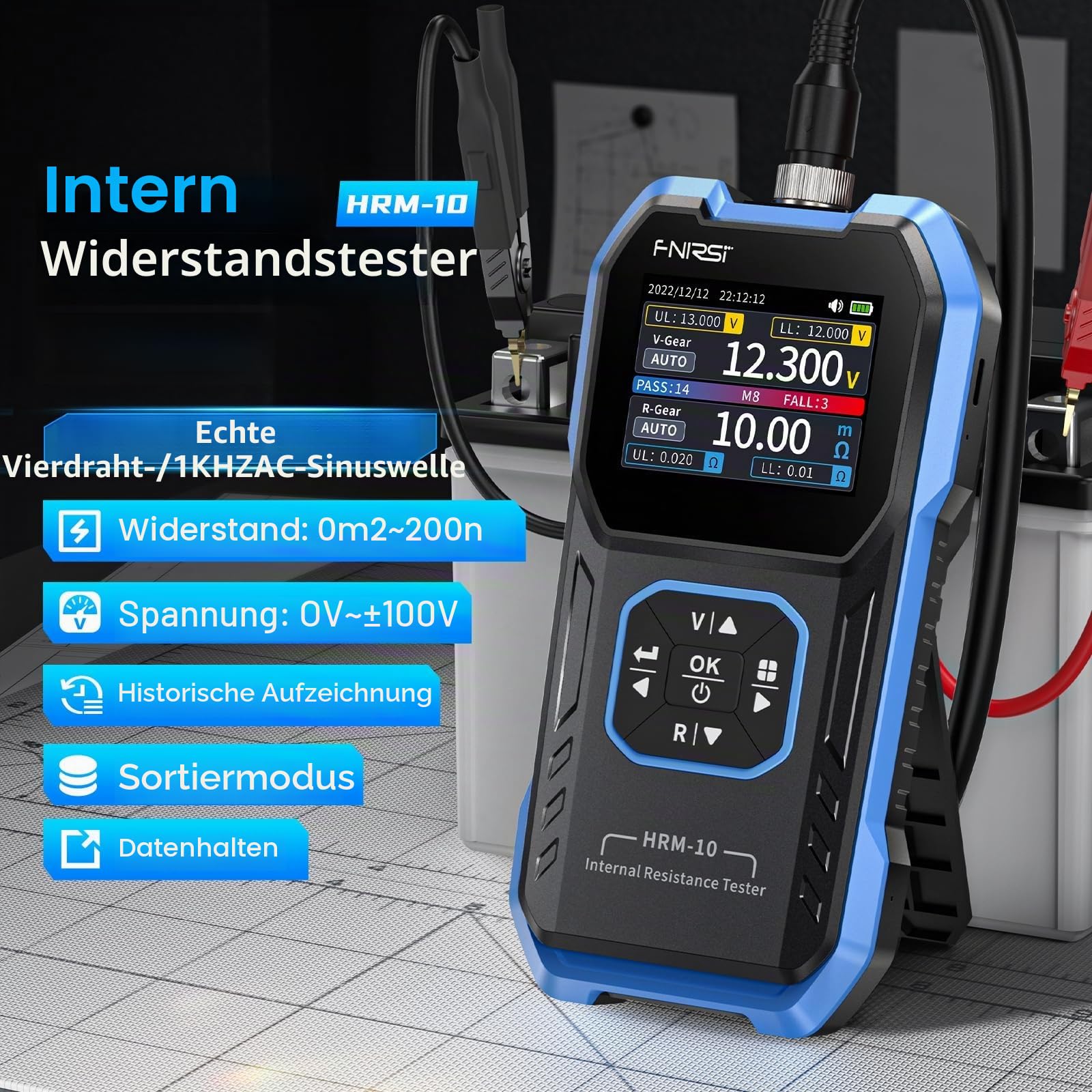 FNIRSI HRM-10 Batterietester für Innenwiderstand und Spannung, Milliohm-Messgerät 100V, 200 Ω, Autobatterietester, Prüfgerät für AAA, AA und alle Batterietypen, Haushaltsbatterie-Analysator