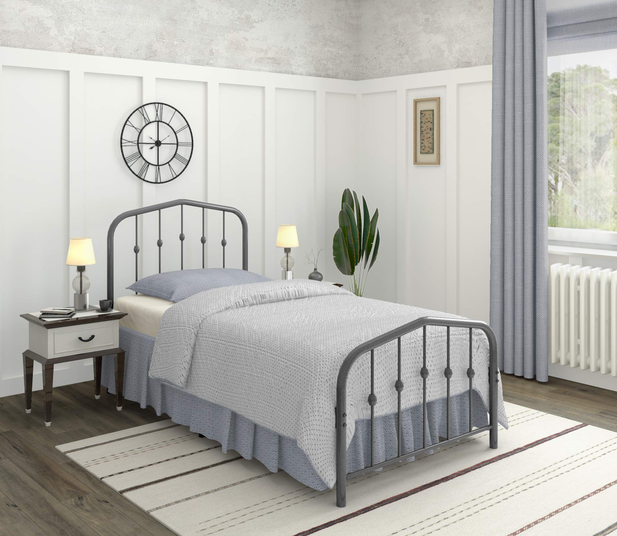 AMBEE21 Washington Twin Metal Bed Frame with Headboard and Footboard Platform/Wrought Iron/Heavy Duty/Solid Sturdy Metal Slat/Charcoal Grey Silver/No Box Spring Needed/Mattress Foundation