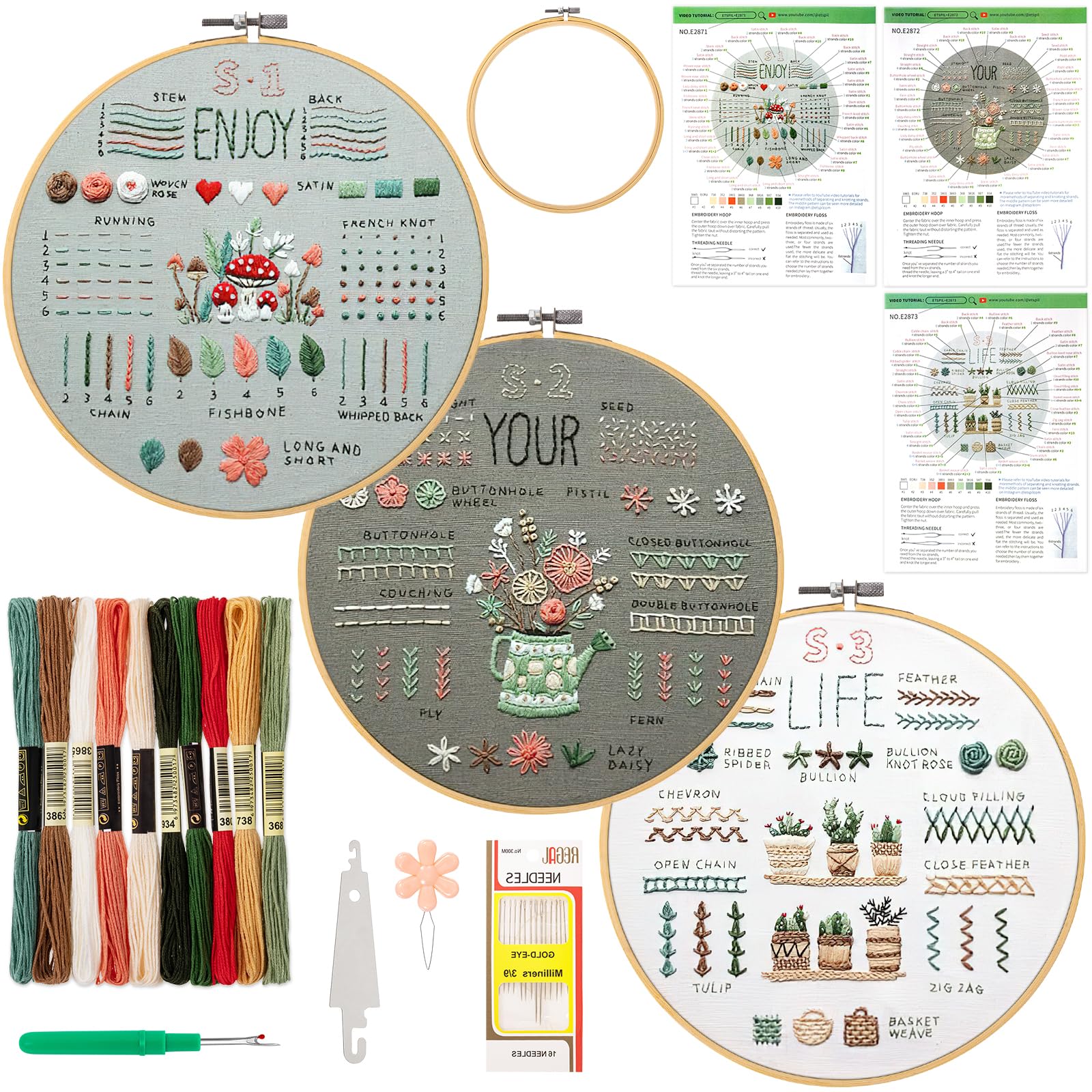 JSRQT3 Pack Embroidery Stitches Practice Kit Stamped Embroidery Kit with Flowers Patterns DIY Cross Stitch Kit for Adults Beginners Craft Lover Embroidery Starter Kit Stitch Sampler Cross Stitch Kits