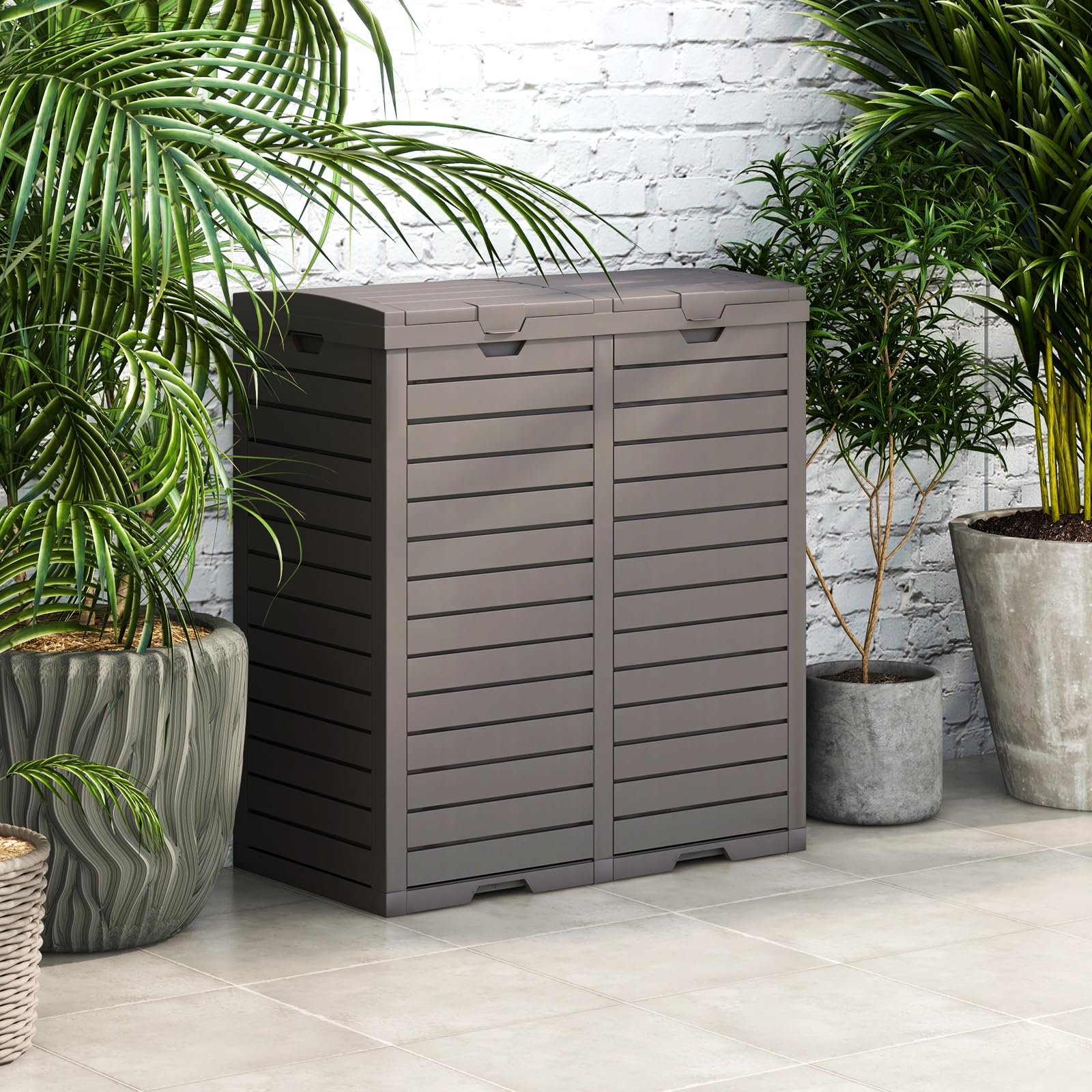 RELAX4LIFE Pattumiera Differenziata Esterno per Giardino a 1 o 2 Scomparti, con Vassoio per Liquidi, Coperchio e Maniglia,in Resina Resist. Intemperie(1, MARRONE, 235L)