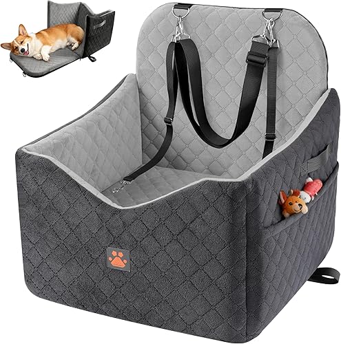 Dog Car Seats for Small/Medium Dogs, Puppy Car Seat with Side Opening, Thick Cushion, Detachable Washable Dog Carseat with Storage Pockets for Dogs Up to 35lbs (Grey)