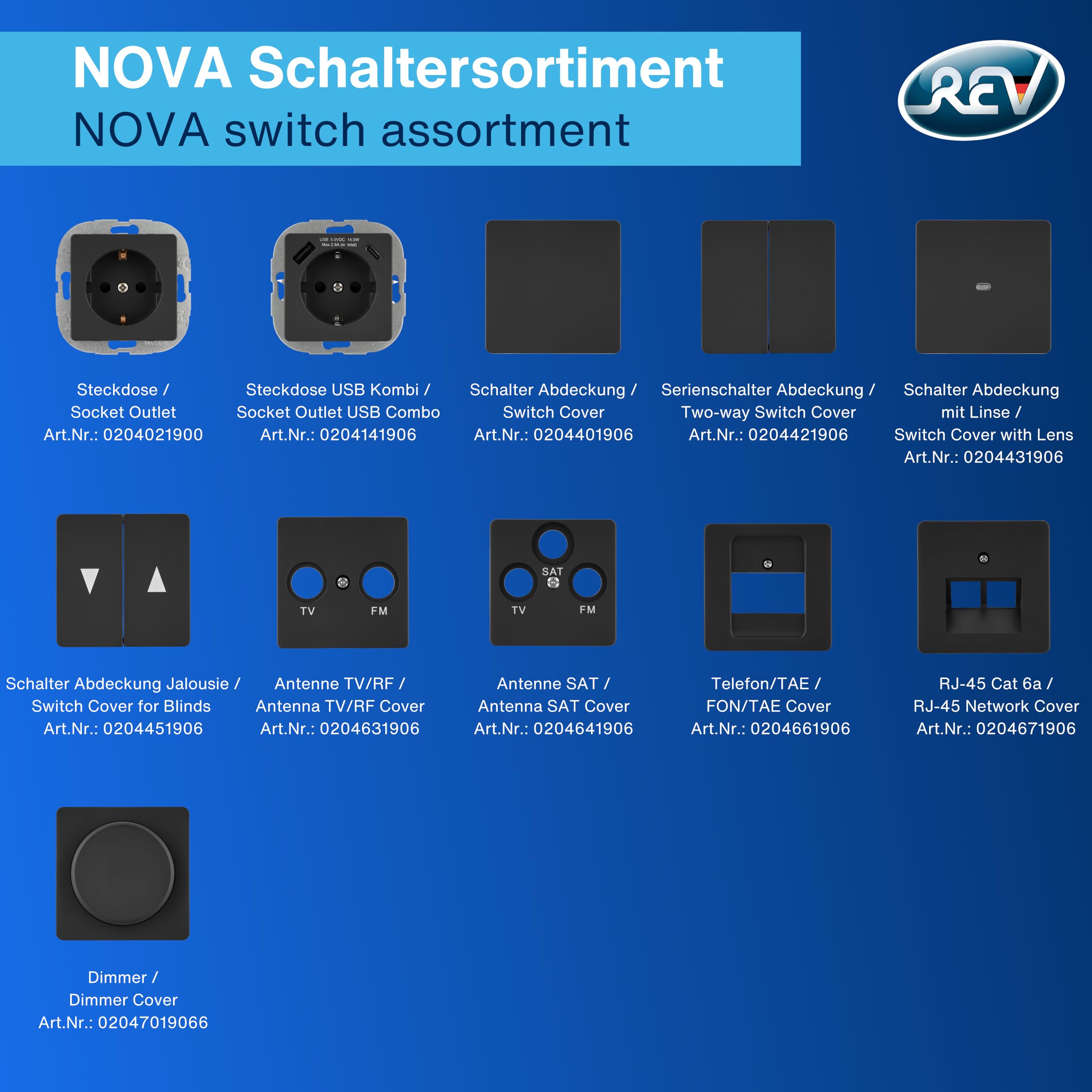 REV Serie di interruttori Nova, set risparmio – 10 x copertura per interruttore a croce, pulsante, interruttore Wi-Fi o interruttore A/W, antracite