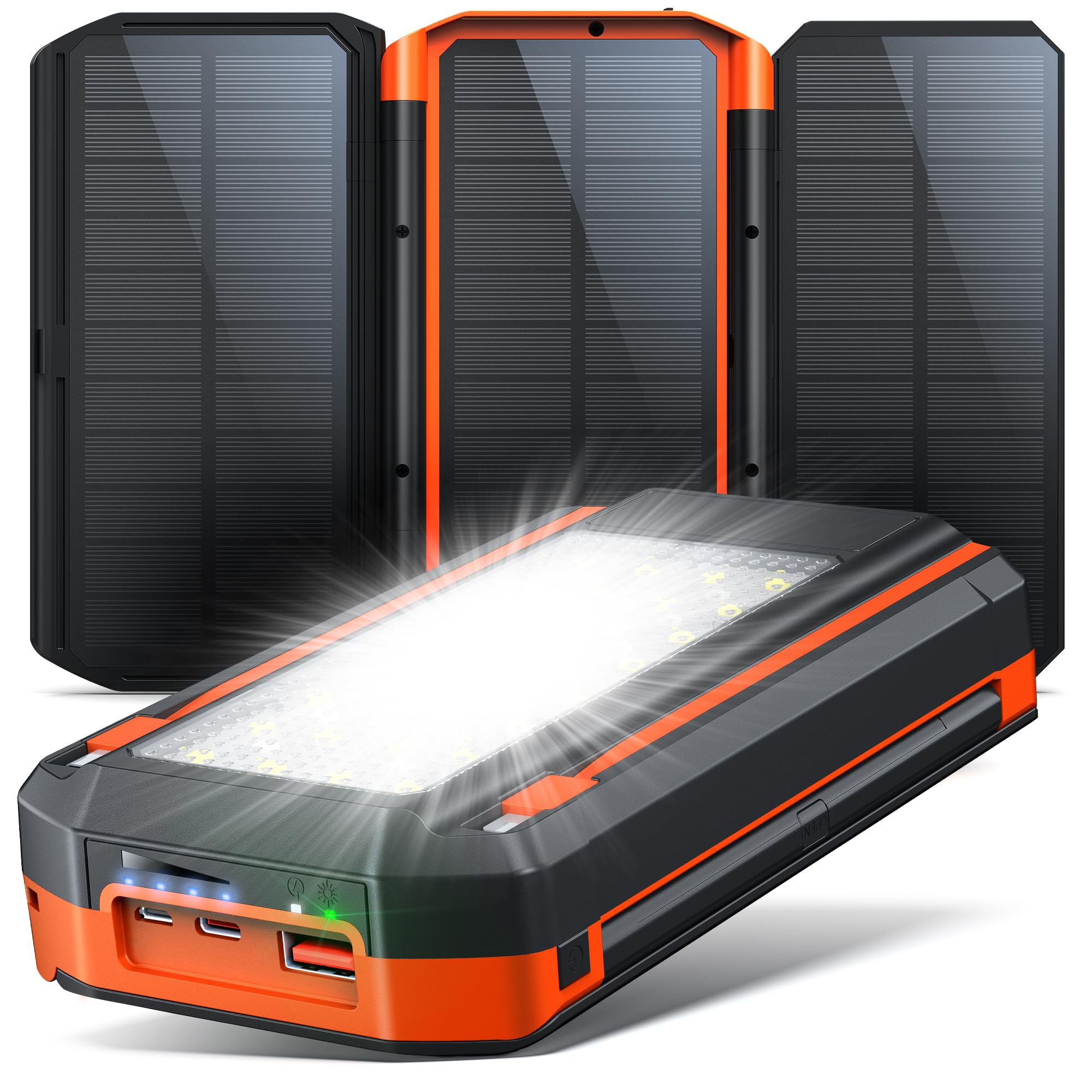 Power Bank Solare 63200mAh 30W Ricarica Rapida con 3 Pannelli Solari | Batteria Esterna con 4 Uscite, Torcia extra large SOS, Ricarica Rapida e Indicatore di Carica Solare, Ideale per Outdoor