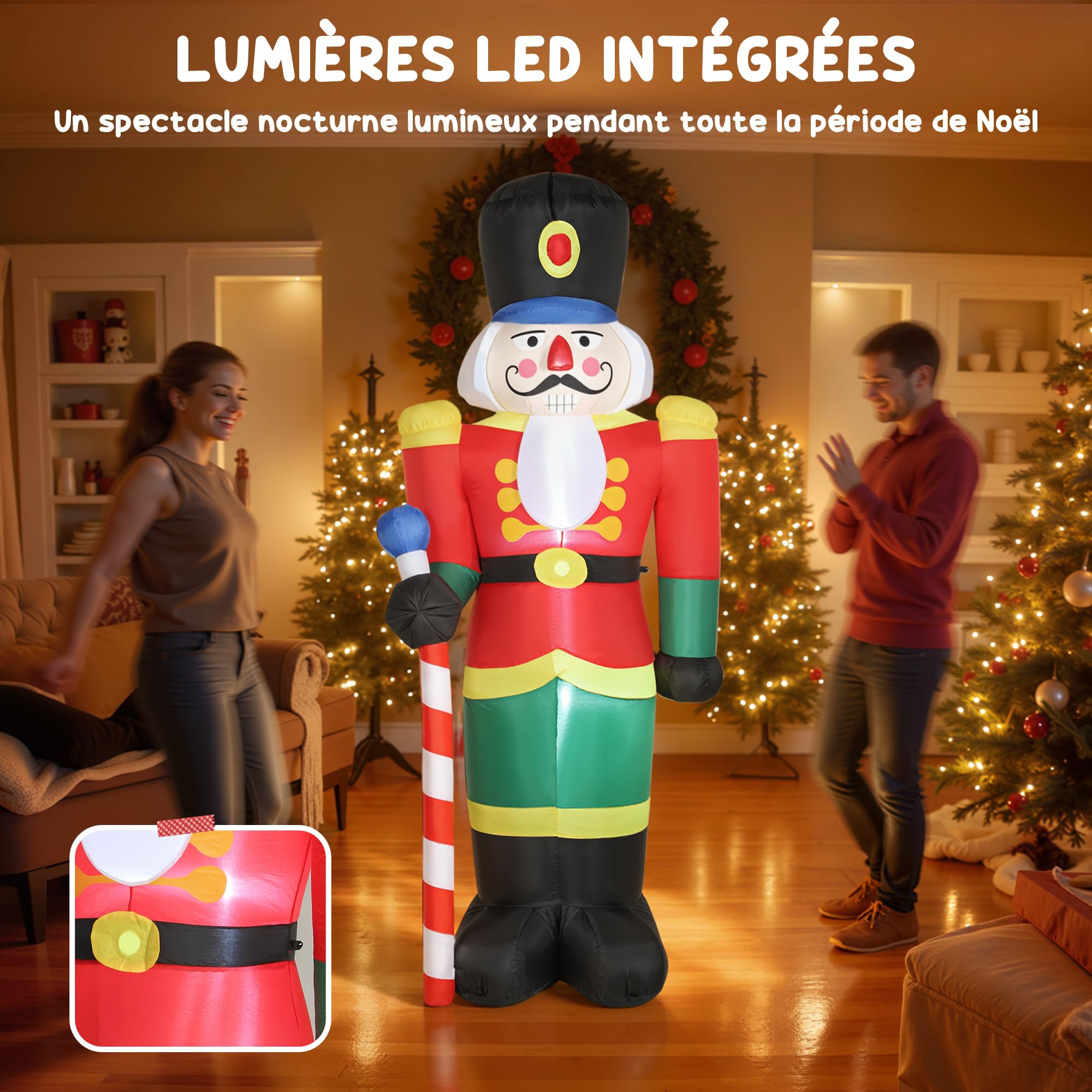 Outsunny Soldat Casse-Noisette Gonflable de Noël 245 CM avec lumières LED | Avec Sceptre, Polyester Imperméable, Déco Noël Gonflée Lumineuse, Intérieur, Extérieur