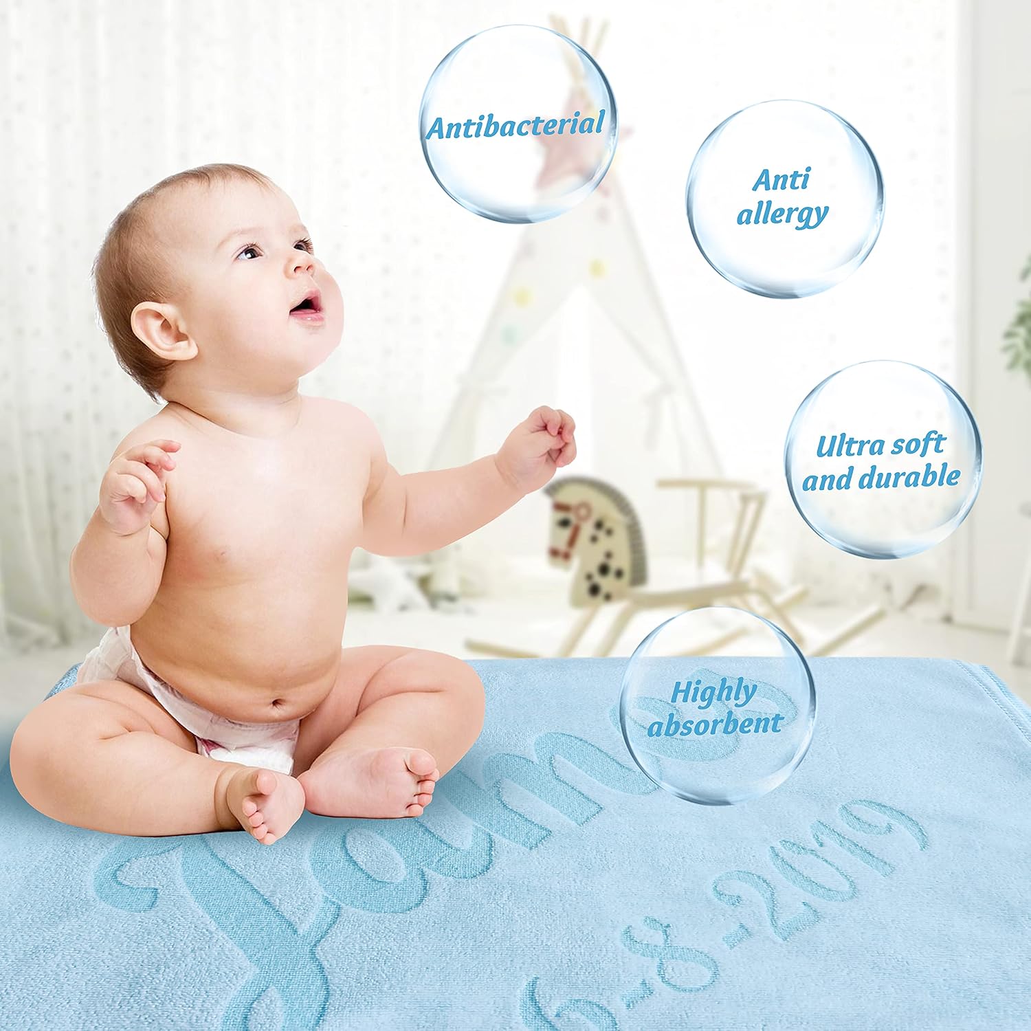 Personalized Baby Bath Towel,Soft and Absorbent Bath Towels with Custom Name for Babies, Perfect Gift for Girls or Boys (Blue)