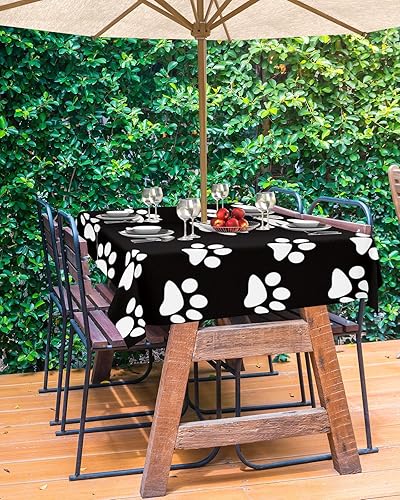 Miniatura 3 de QueenKer Mantel para exteriores con agujero para paraguas, estampado de patas de perro, mesas rectangulares en blanco y negro, colección de mesa