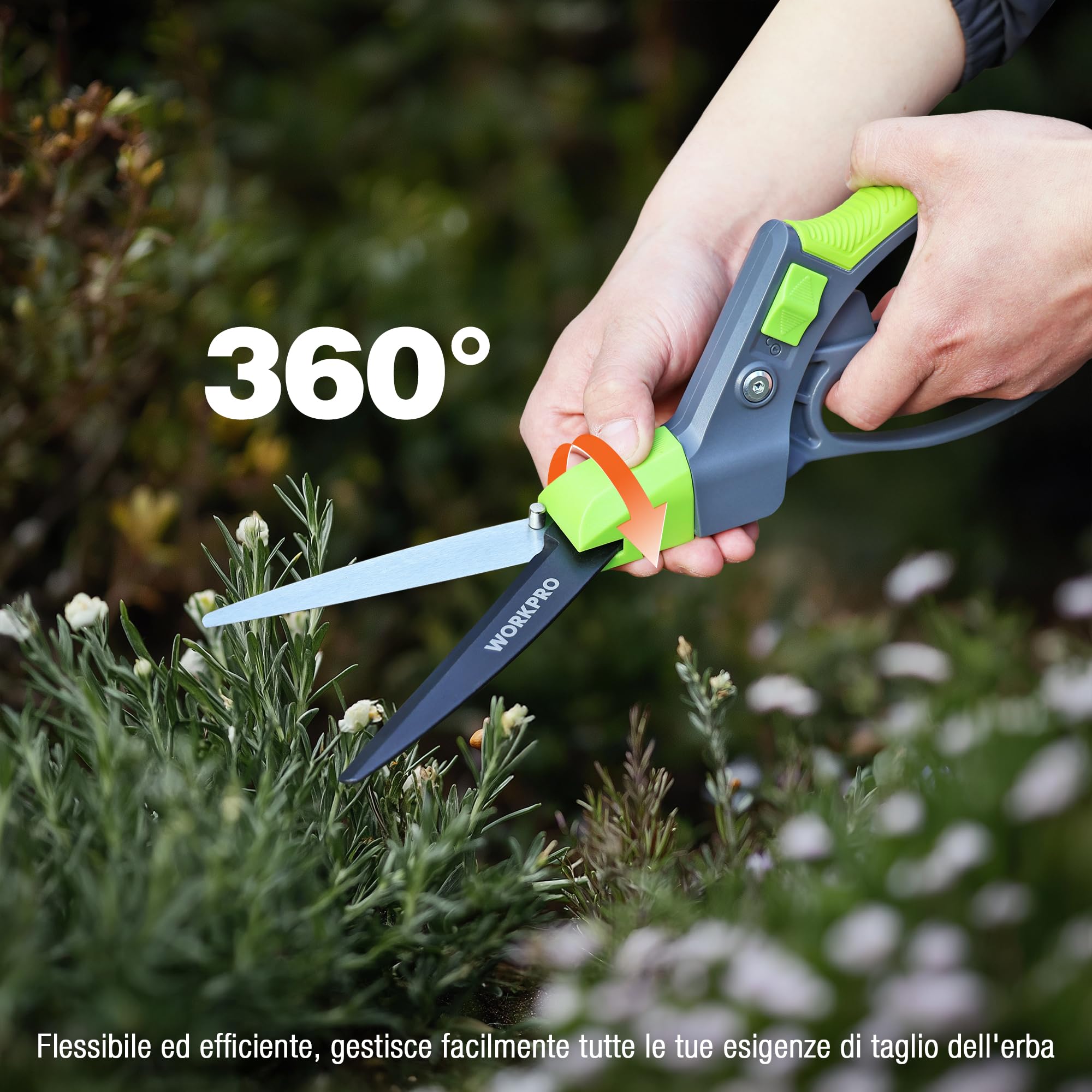 WORKPRO Forbici da Erba Rotanti 360°, Cesoie da Giardino 350mm con Lama Rivestita Antiruggine, Impugnatura Ergonomica, Blocco di Sicurezza per Prato, Piante e Bonsai