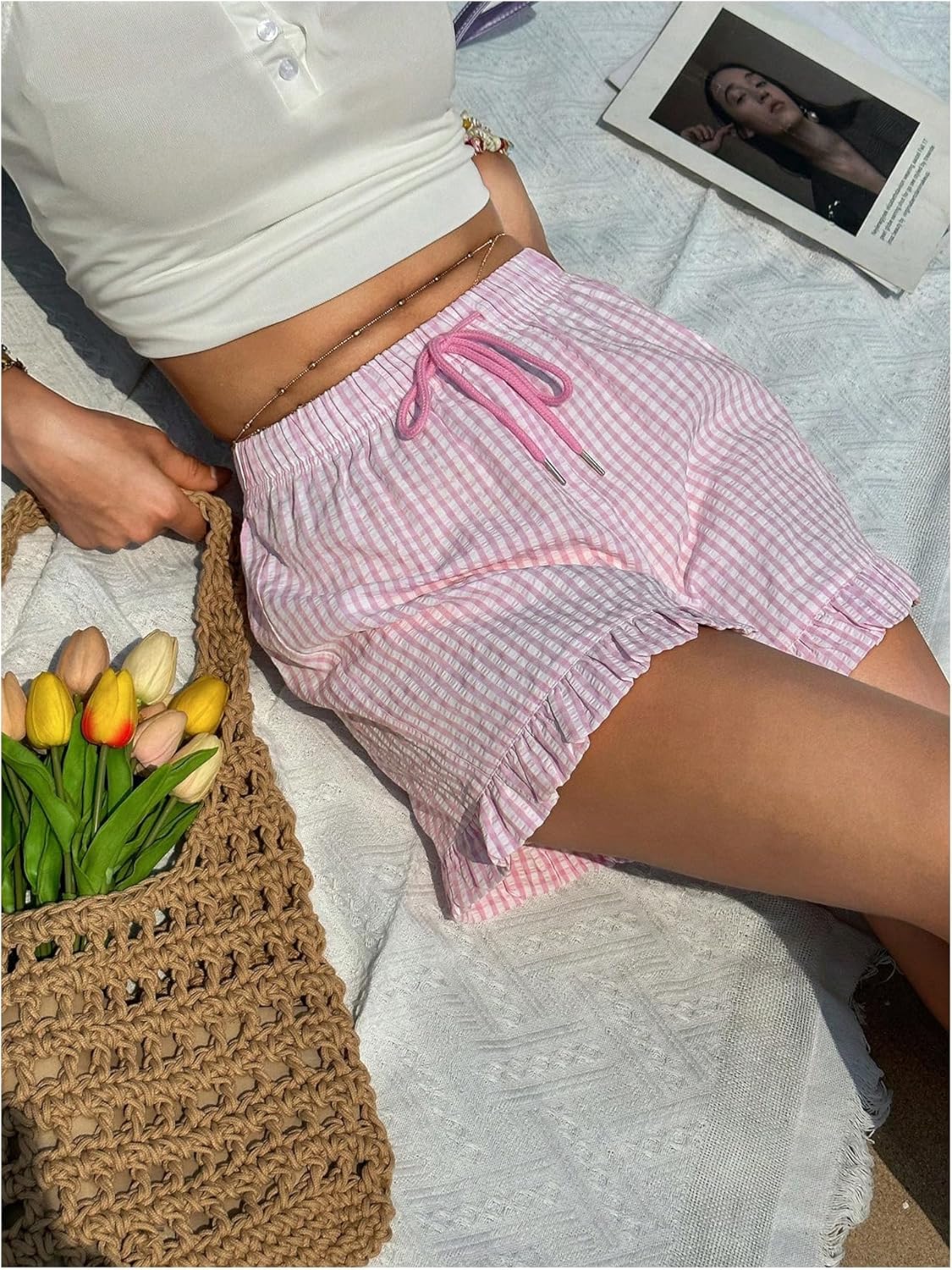 MakeMeChic Women's Gingham Print Shorts Drawstring Waisted Wide Leg Frill Trim Summer Y2K Boxer Shorts - Image 4