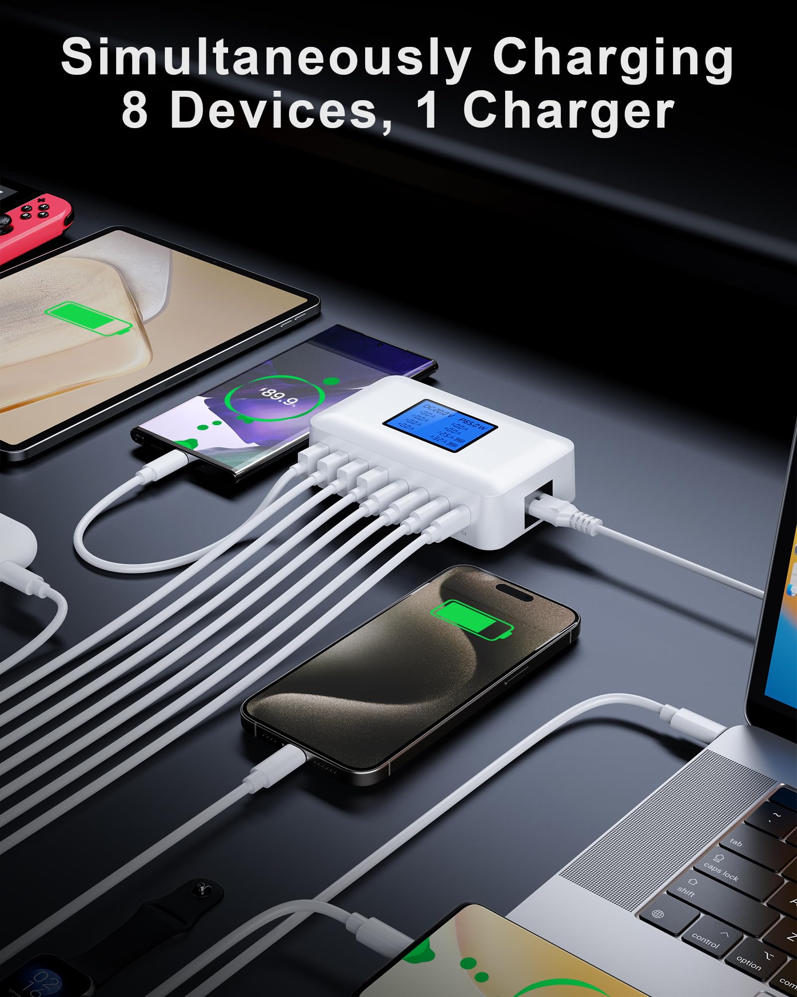 200W Caricatore USB C Multiplo, RENGOGA 8-Port Caricabatterie USB Multipla mit LED Display GaN Stazione di Ricarica Alimentatore per Macbook iPhone 15 14 13 iPad Pro Air Samsung Galaxy Google Pixel