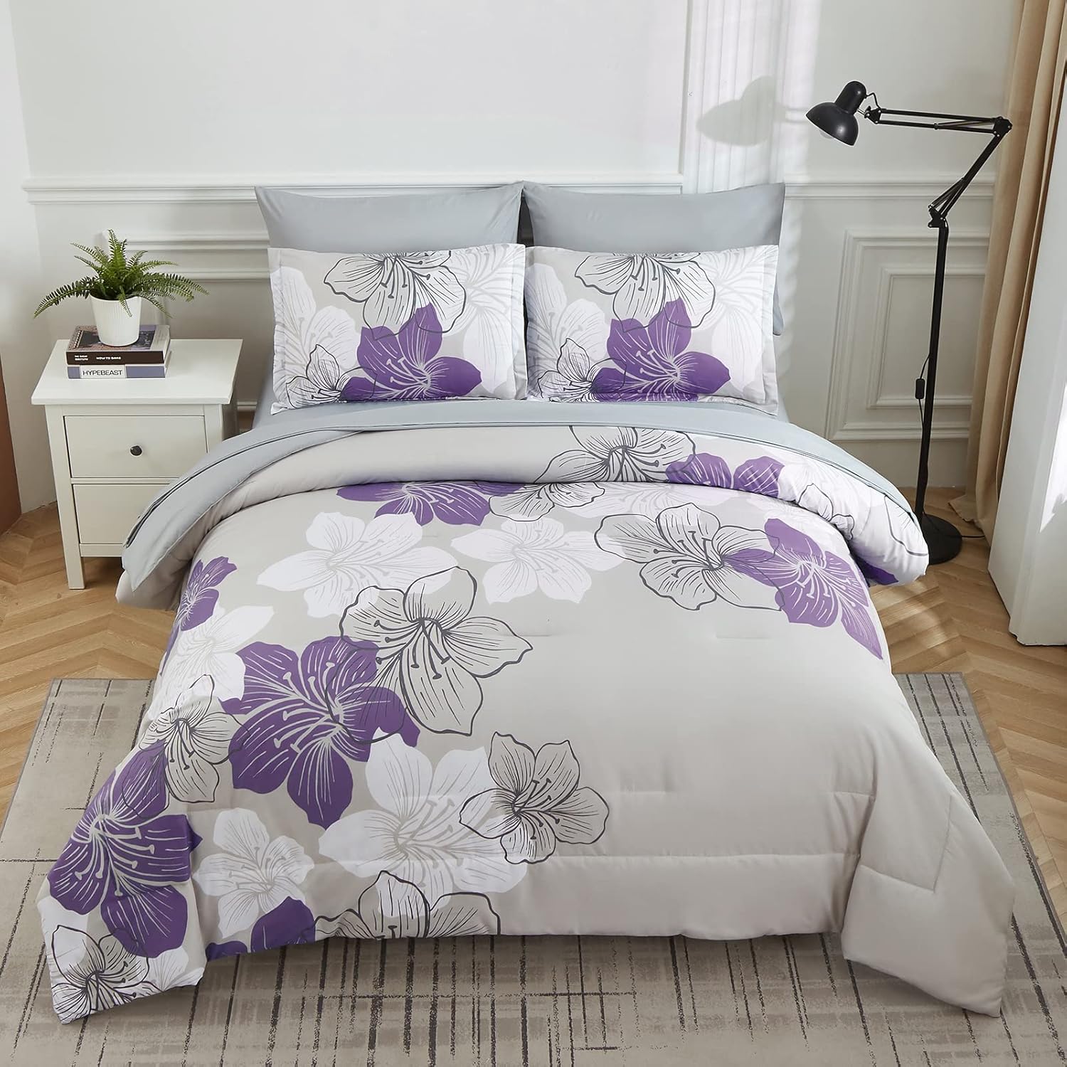 Set of 7 Size Queen Purple Comforter Set Queen Size, Purple Floral Pattern Printed on Light Grey, Soft Microfiber 7 Pieces Bed in a Bag (1 Comforter, 2 Pillow Shams, 1 Flat Sheet, 1 Fitted Sheet, 2 Pillowcases)