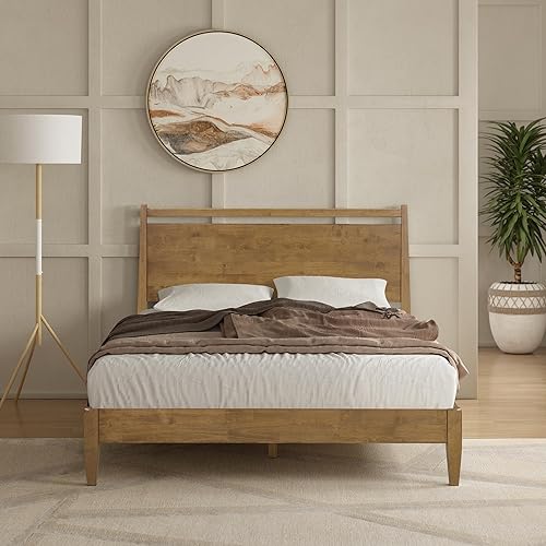 Vista 10 de NTC Adept Marco de cama de madera con cabecero, base de madera de roble macizo y caucho con listones silenciosos y soportes centrales de madera