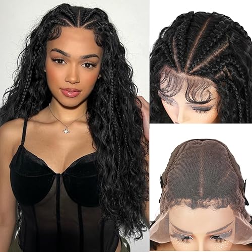 quickwig Braided Curly Wig for Black Women 13x6 Handmade Cornrow Braids Wig Boho Fulani Braid 26 Inch Glueless Black Long Curly Synthetic Wigs 2-in-1 Versatile Style Lace Front Wigs with Baby Hair 1B