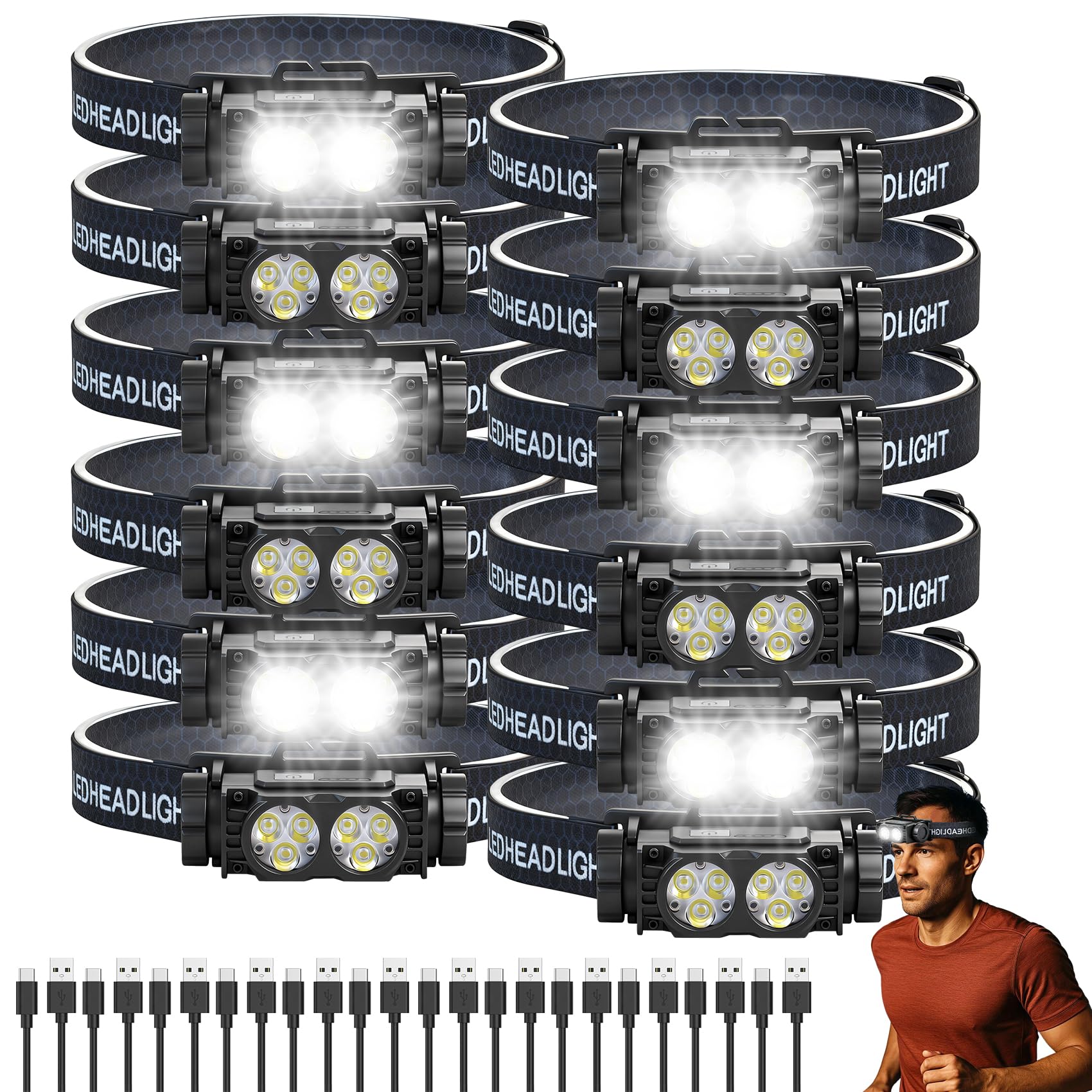 Bud K Stirnlampe, wiederaufladbar, 5000 l, superhelles Licht, LED, wiederaufladbar, 3 Modi, abnehmbare Taschenlampe und wasserdichte Stirnlampe für Erwachsene, Laufen, Outdoor, Notfall, harte Mütze