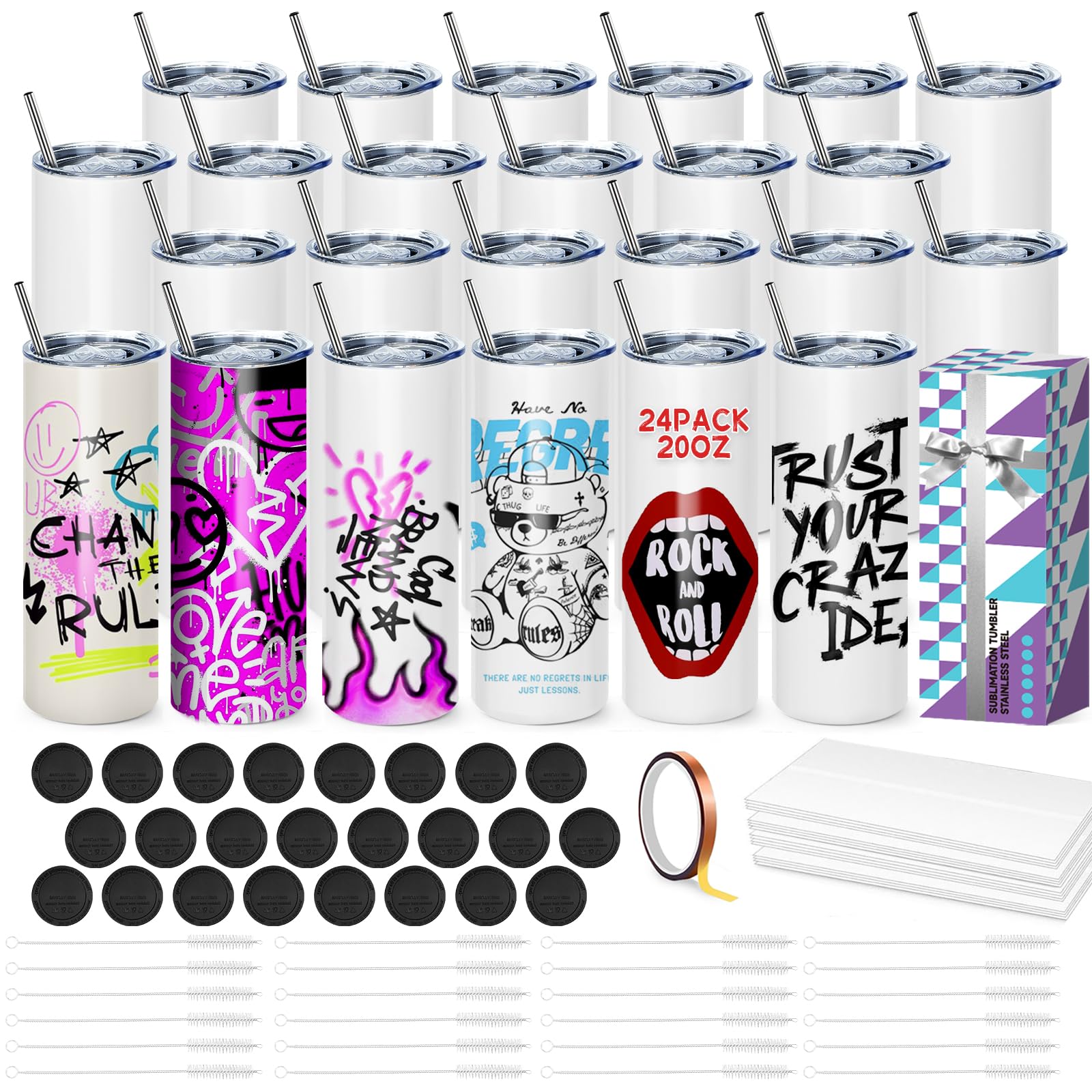 24 Stück Sublimation Rohlinge 20 oz Trinkhalm für Tassen, White Straight Bulk Edelstahl Tumbler, Sublimationsbecher für Wärmeübertragung, mit Deckel und Stroh, Schrumpffolie, einzeln verpackt