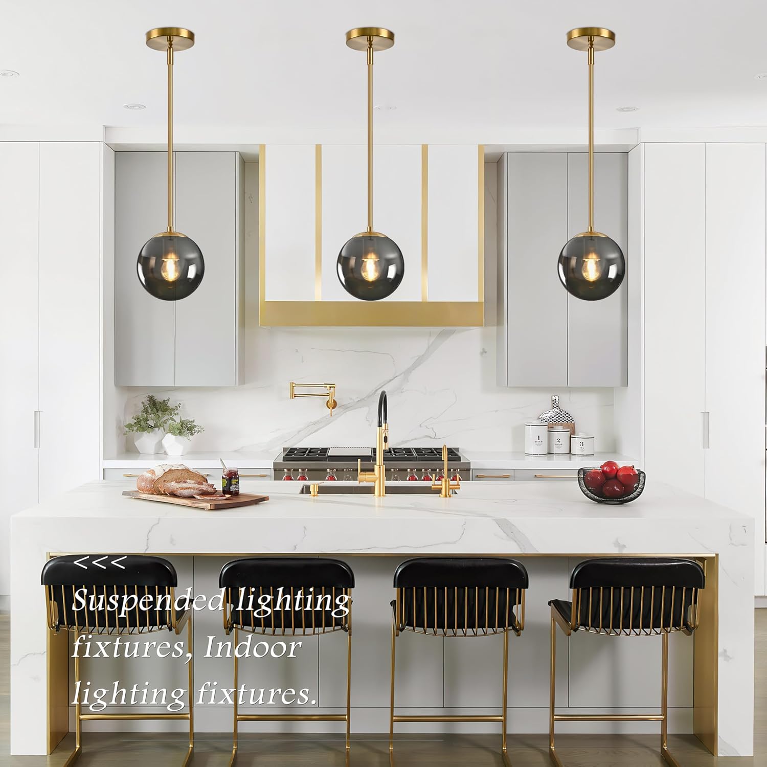 6 Inch Globe Pendant Light Gold Globe Pendant Lights Kitchen Island Mid Century Light Fixture with Gray Clear Glass Contemporary Adjustable Hanging Lights for Dining Room (Bulb Included)